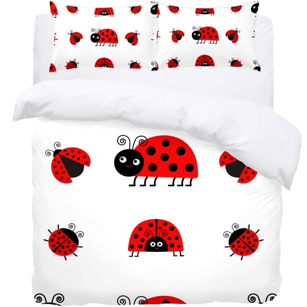 MAPOLO 3-Piece Microfiber Bed Sheet Set with Quilt Cover & Pillow Shams - Ladybug Print for Queen/Twin/Full/King Size Beds | Soft, Wrinkle-Resistant Bedding for Kids' Room, Guest Bedroom & Dorm Decor
