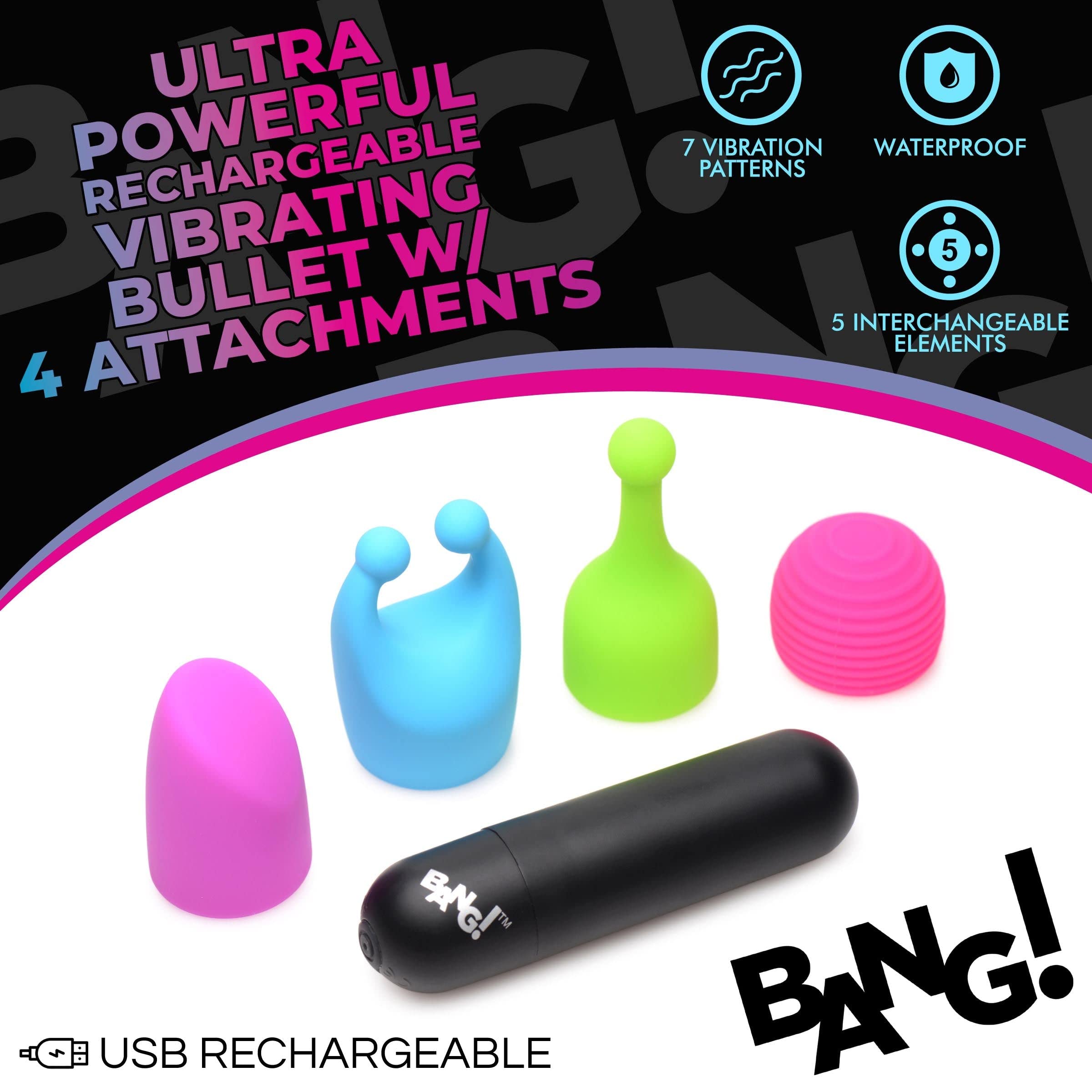 BANG! Bullet Vibrator for Women - 7 Powerful Vibration Modes & 4 Pleasure Attachments | Rechargeable, Waterproof & Body-Safe Silicone Adult Toy | Perfect for Solo Play & Couples Intimacy | G-Spot & Clitoral Stimulation | Discreet & Travel-Friendly Design
