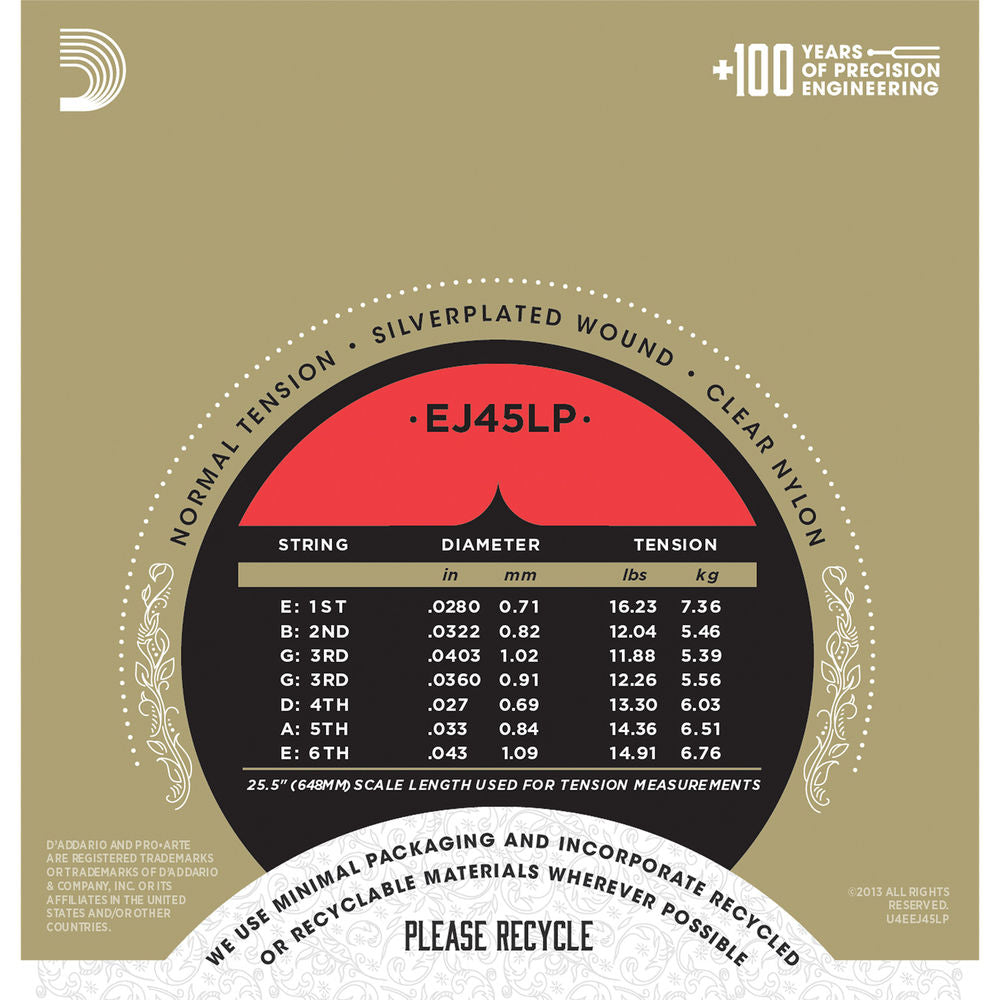 D'Addario EJ45LP Normal Tension Pro Arte Classical Guitar Strings - Premium Nylon Strings for Classical & Flamenco Guitar - Perfect for Performances, Practice & Recording Sessions