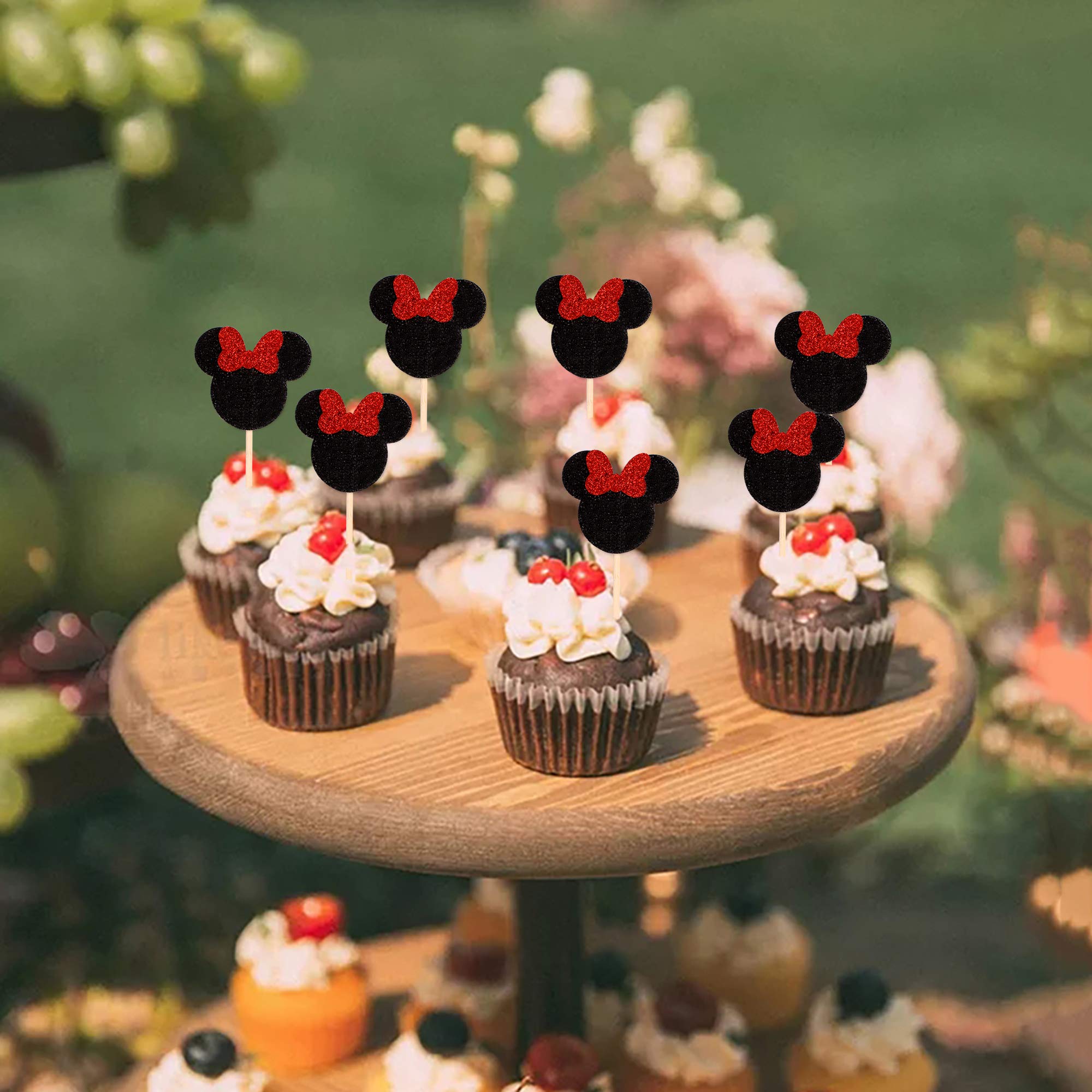 Ercadio Mouse Inspired Cupcake Toppers with Red Bow - Black Glitter Cupcake Picks Decorations (24 PCS) for Baby Shower, Kids Birthday Party, Girls Celebration - Perfect for Dessert Decor, Baking Supplies, and Themed Events