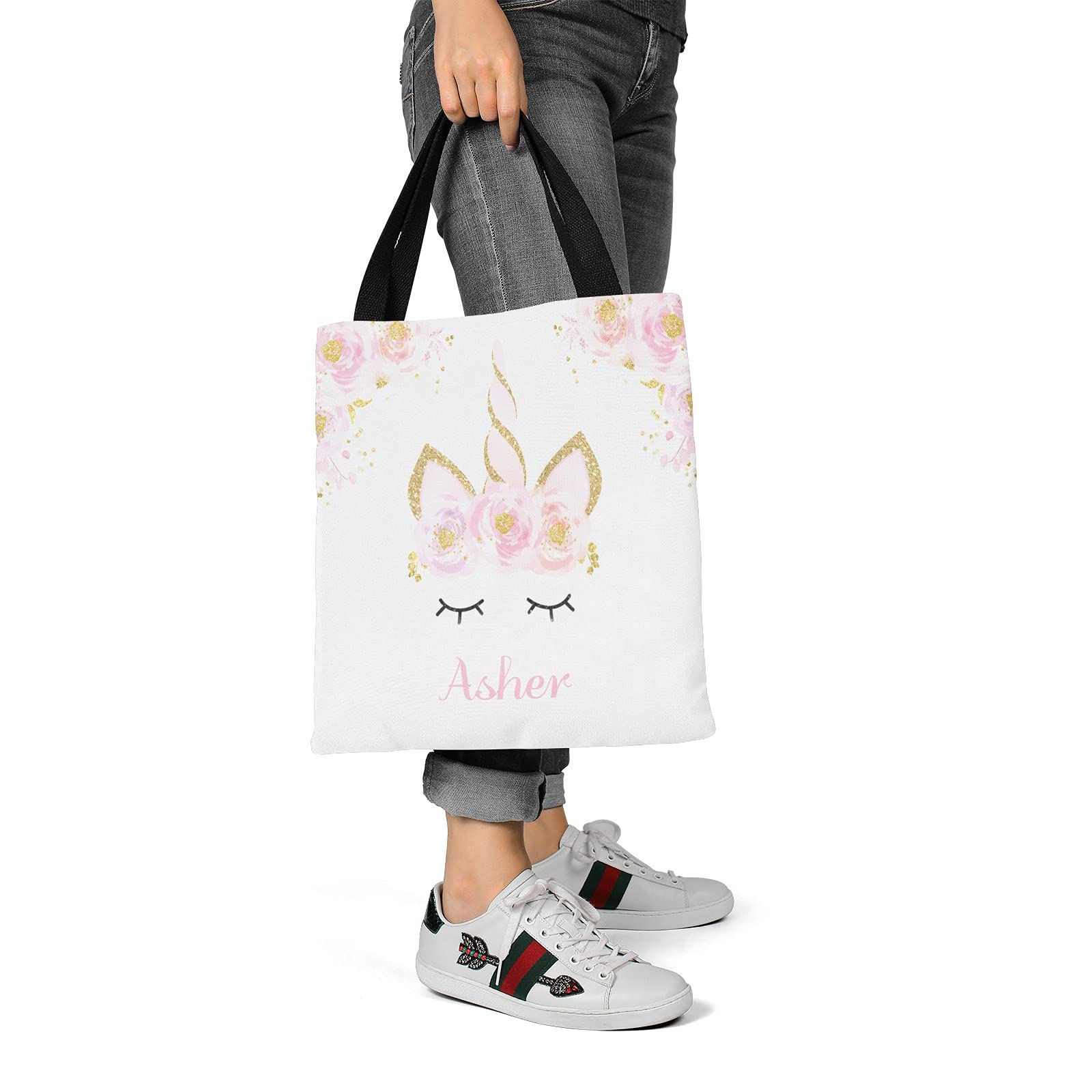 Personalized Deer Floral Pink Canvas Tote Bags for Women & Kids - Eco-Friendly Reusable Shopping Bags for Travel, School & Daily Use - Perfect Gift Idea for Birthdays & Holidays