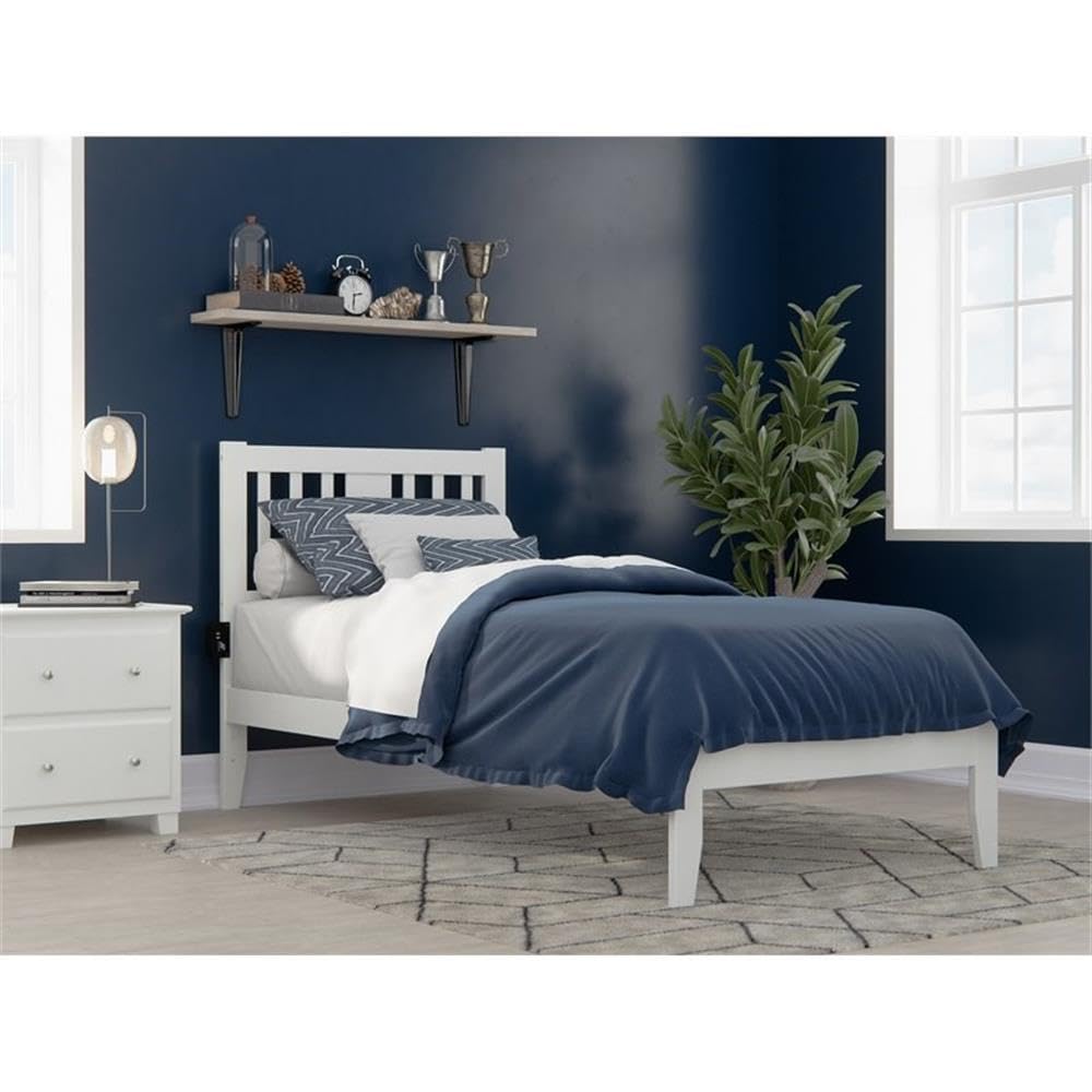 BOWERY HILL White Twin XL Spindle Bed Frame with Built-in USB Turbo Charger - Perfect for Dorm Rooms, Small Bedrooms & Guest Rooms