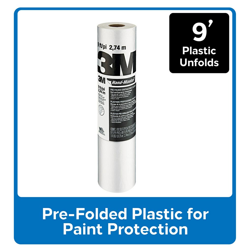 3M Hand Masker Pre-Folder Plastic Roll - 2743mm x 27m (CP9) for Professional Painters and Contractors - Perfect for Wall Painting, Trim Work and DIY Home Improvement Projects