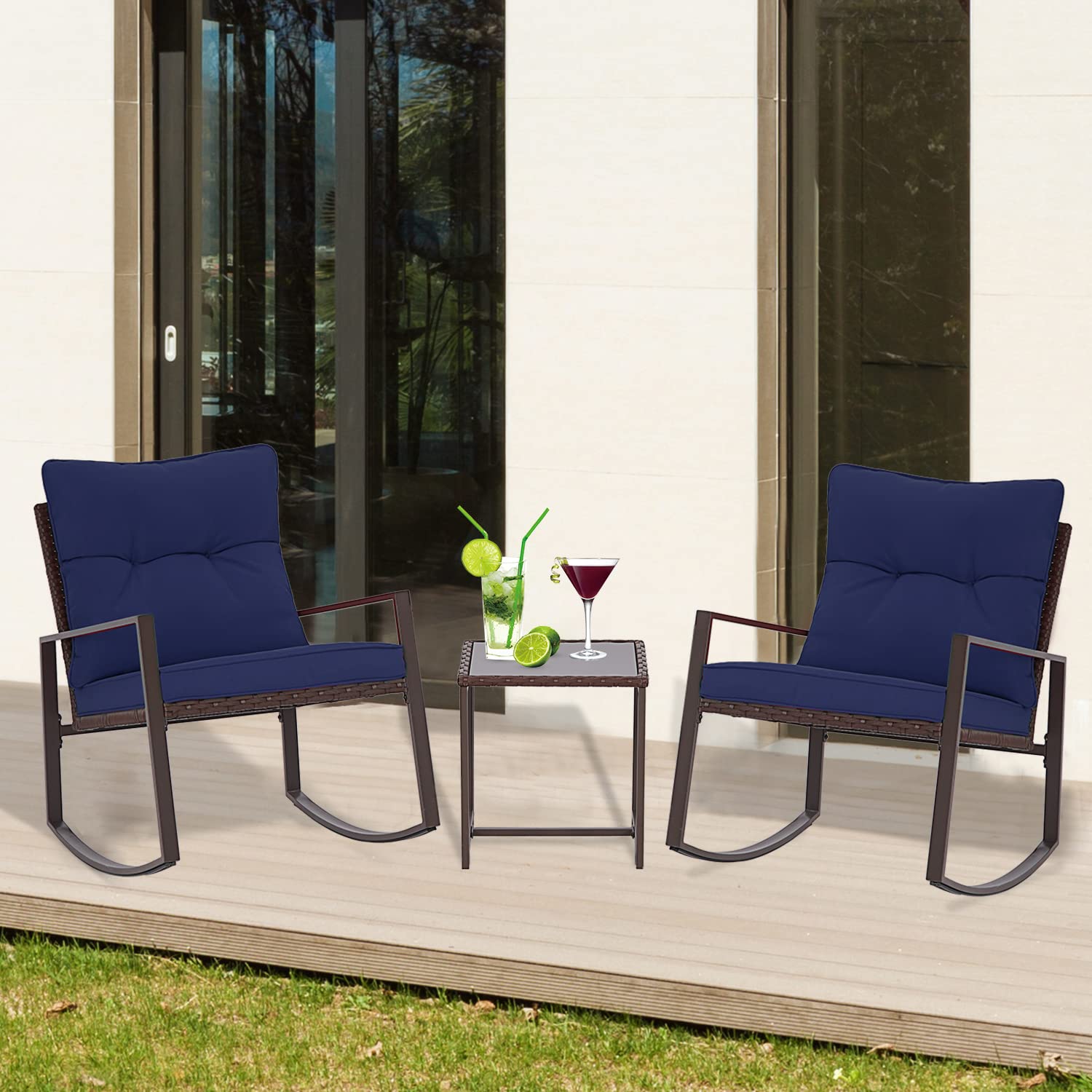 SUNCROWN 3-Piece Outdoor Rocking Chair Set - Brown Wicker Patio Bistro Chairs with Glass Coffee Table & Dark Blue Cushions - Perfect for Garden, Porch, Backyard and Poolside Relaxation