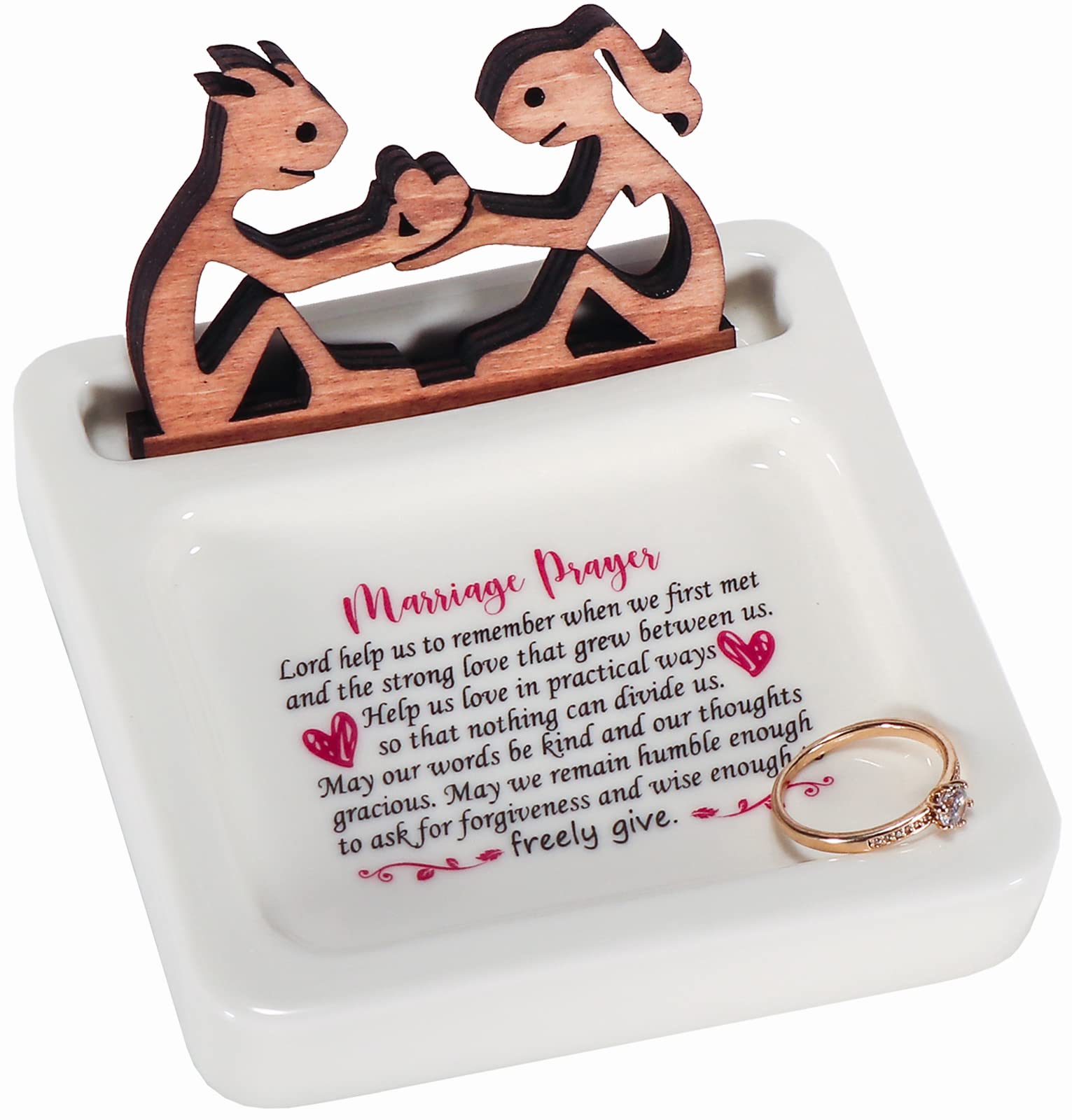 Elegant Wedding Prayer Ring Dish Tray with Wood Sculpture - Perfect Bridal Gift for Women, Anniversary Present, Marriage Keepsake (R008) | Ideal for Wedding Receptions, Bridal Showers & Romantic Home Decor