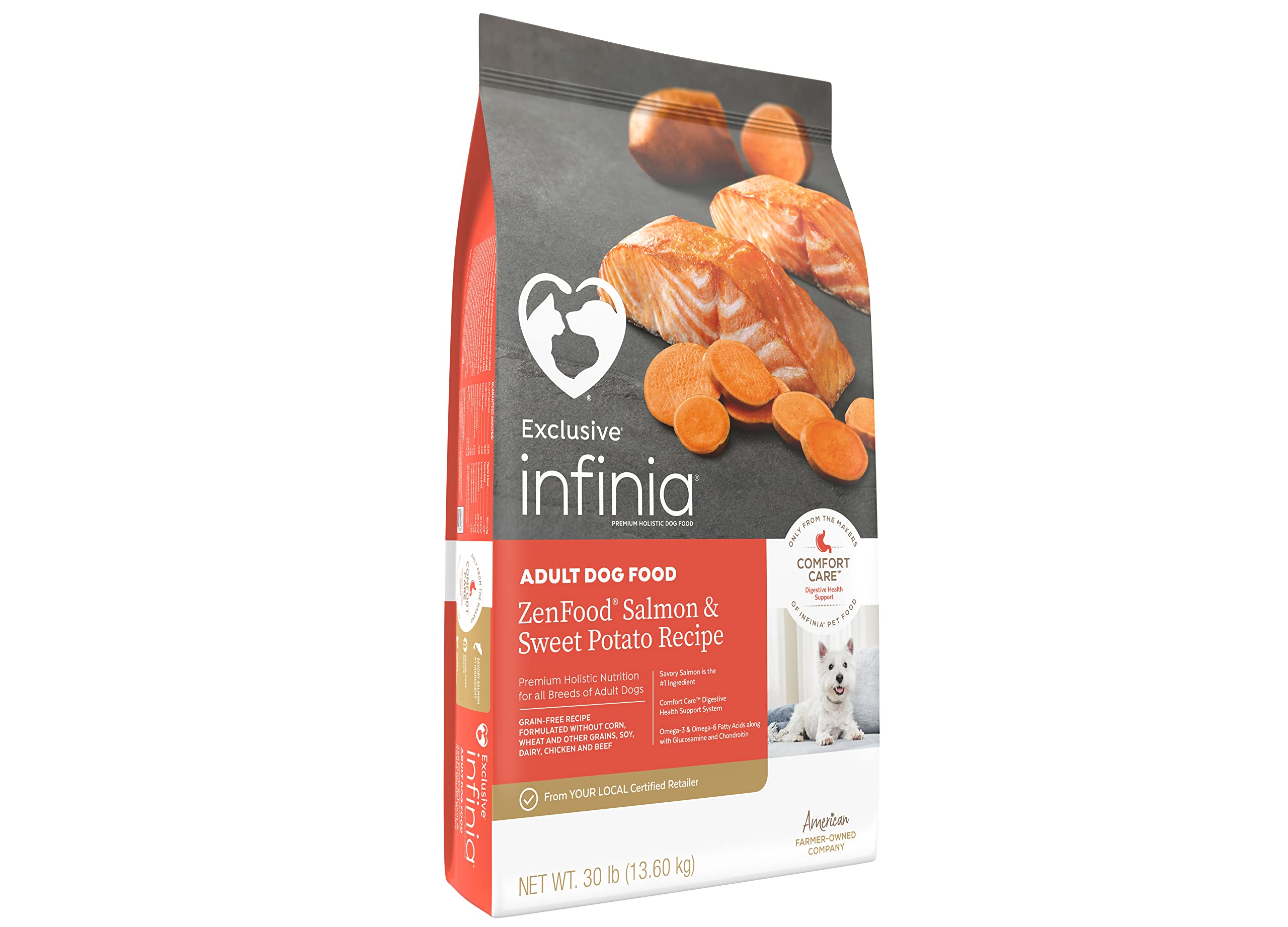 Infinia Grain Free Adult Dog Food - Salmon & Sweet Potato Recipe for Digestive Health & Comfort Care - 30LB Bag - Perfect for Sensitive Stomachs & Allergy-Prone Dogs
