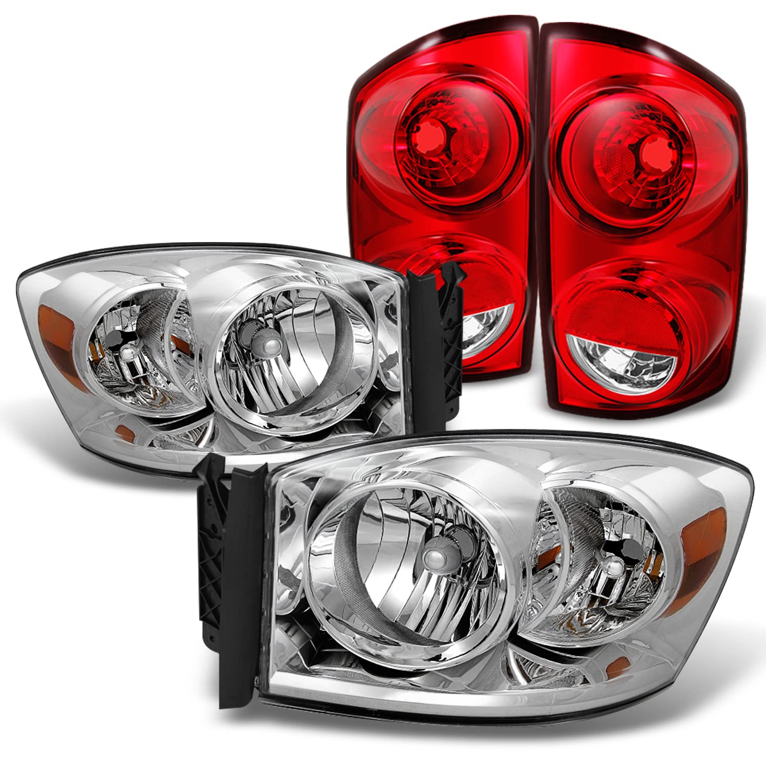 AKKON Chrome Clear Headlights + Red Clear Tail Light Lamps for 2007-2008 Dodge Ram 1500 & 2007-2009 Ram 2500/3500 - Upgrade Your Truck's Style & Night Visibility