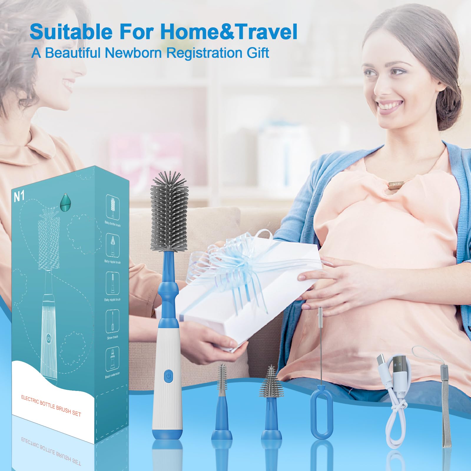 Electric Baby Bottle Brush Cleaner Set - Waterproof 1500mAh Rechargeable Silicone Brush for Bottles, Pacifiers & Straws | 4-Piece Multifunctional Cleaning Kit for New Moms (Blue) | Perfect for Nursery, Travel & Quick Cleaning