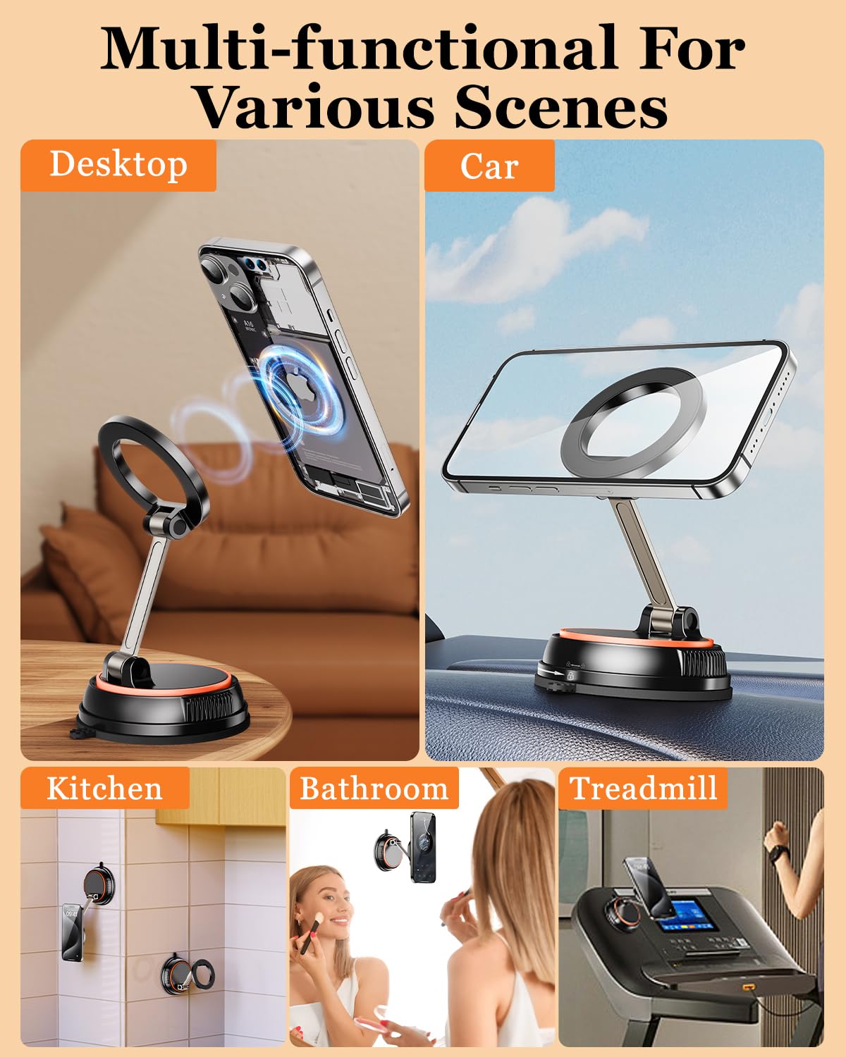 Magnetic Suction Cup Shower Phone Holder - Universal Mirror Phone Mount for Bathroom, Wall & Makeup Mirror with MagSafe Compatibility - Fits iPhone 16/15/14/13/12 & Most Smartphones - Perfect for Showering, Makeup Application & Hands-Free Viewing