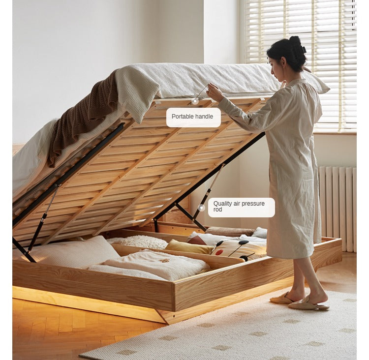 Solid Oak & Black Walnut Wood Floating Platform Bed with LED Lighting - Modern Bedroom Furniture for Contemporary Home Decor