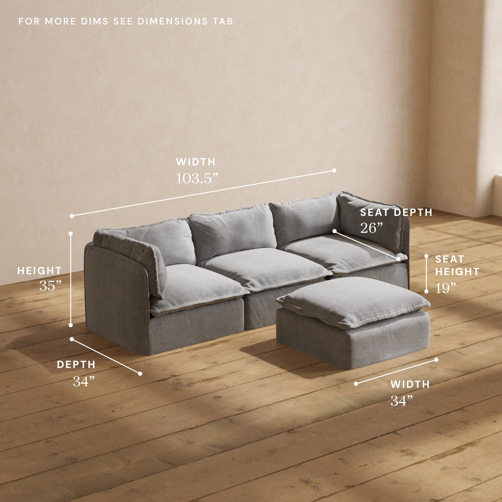 Modular Performance 3-Seater Sofa with Ottoman in Ash Gray - Modern Sectional Couch for Living Room, Lounge & Home Theater Comfort