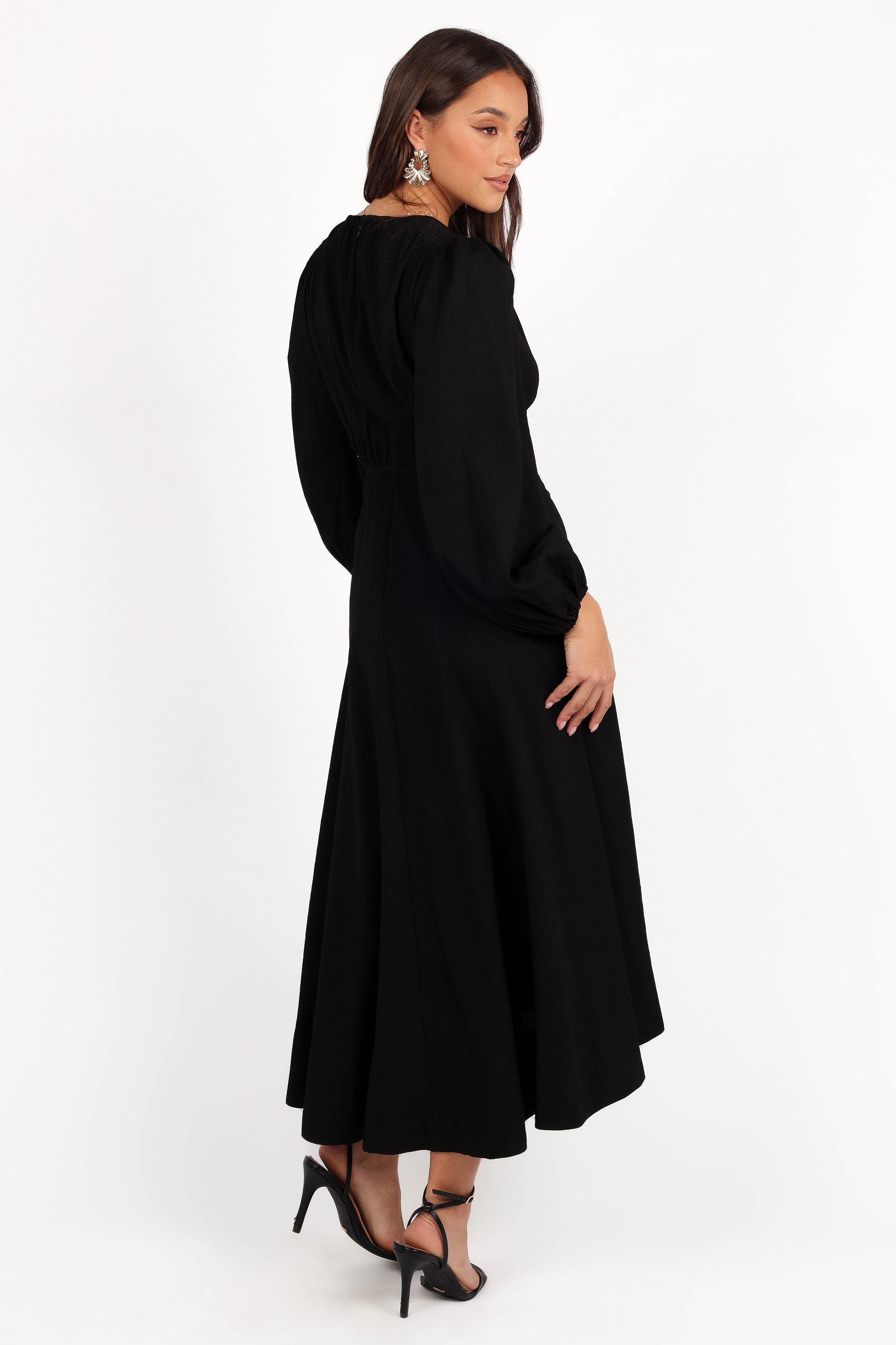 Ginnee Women's Puff Sleeve Cutout Midi Dress - Elegant Black Party Dress for Evening Events, Date Night & Special Occasions