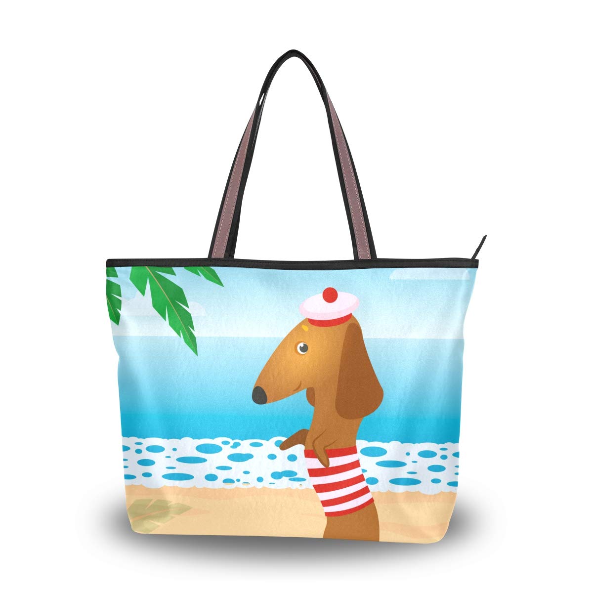 Stylish Women's Dachshund Print Large Tote Bag with Top Handle & Shoulder Strap - Spacious Zip Closure Beach Bag for Ladies - Perfect for Work, Travel, and Shopping