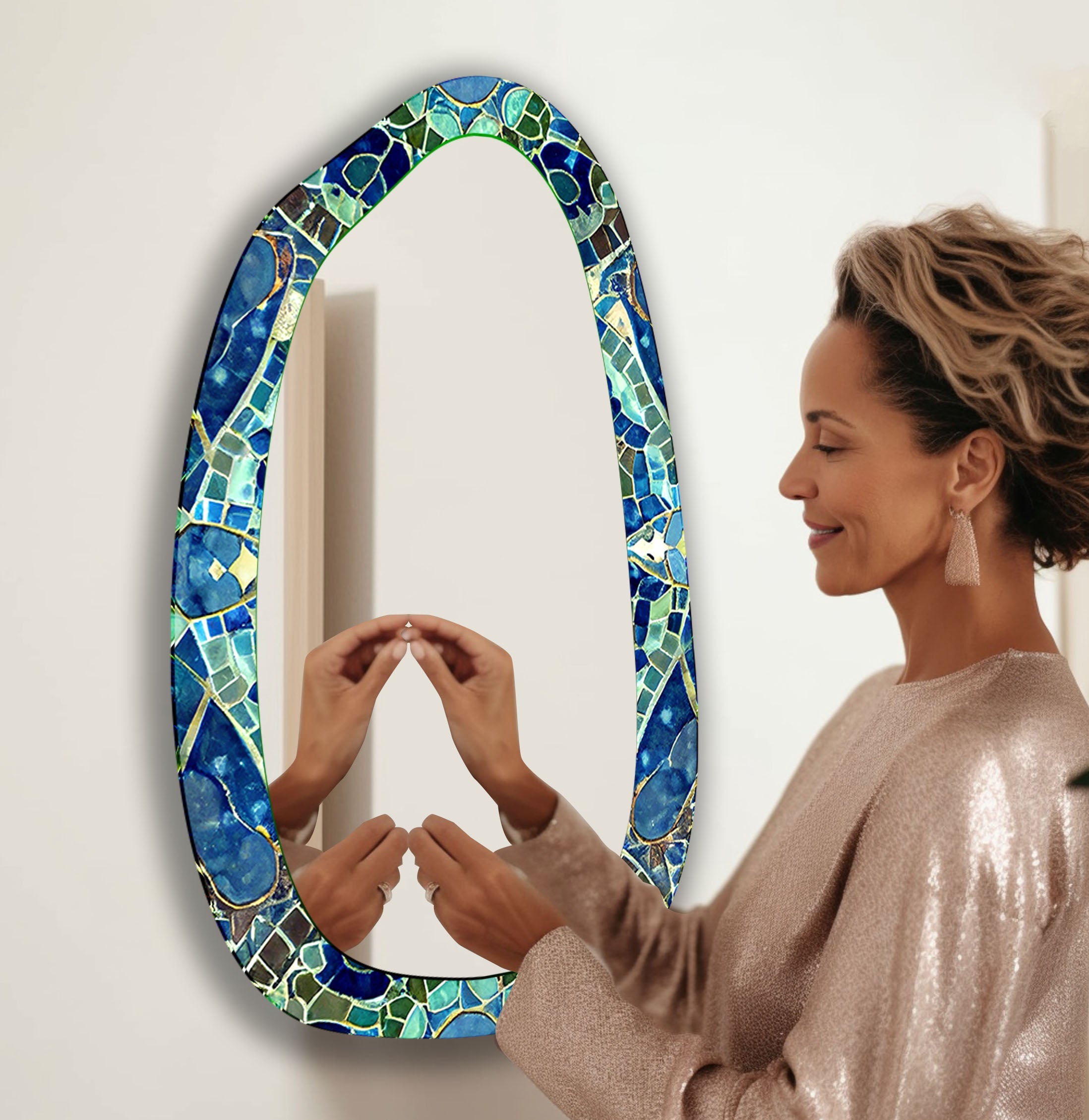 Blue & Green Mosaic Large Glass Wall Mirror - Elegant Home Decor for Living Room, Bedroom, or Entryway - Perfect for Adding Style and Brightness to Any Space
