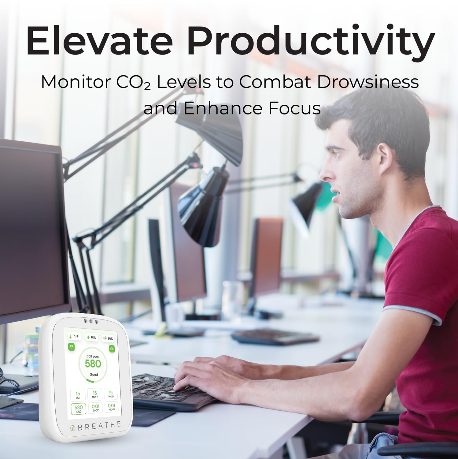 BREATHE Airmonitor Plus: 8-in-1 Smart Indoor Air Quality Monitor - CO2 Meter, Formaldehyde Detector, VOC Sensor, PM1/2.5/10, Temperature & Humidity Gauge with Mobile App - Perfect for Home, Office, Nursery & Bedroom Air Quality Testing