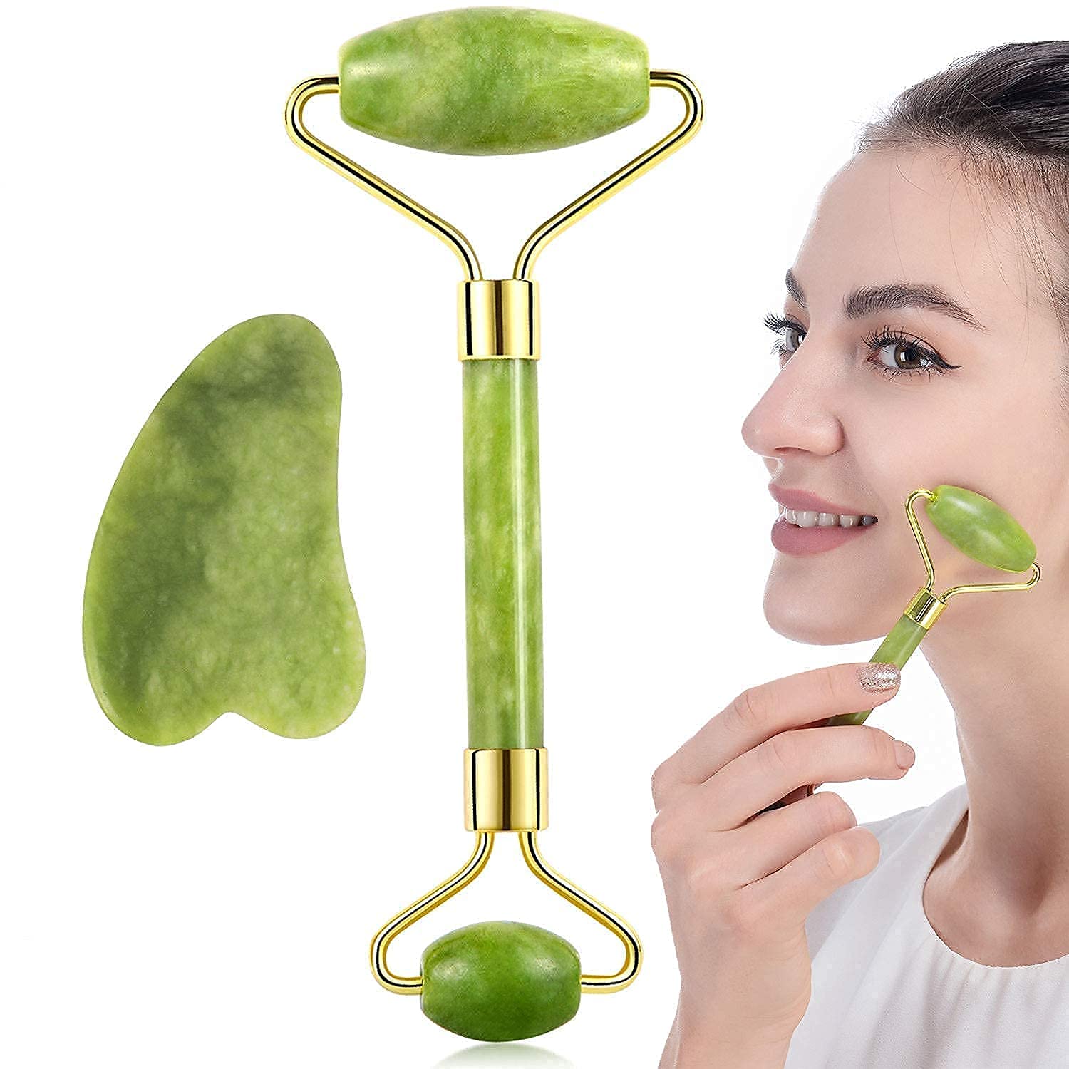 Premium Jade Roller & Gua Sha Set - Natural Facial Massage Tools for Skin Care, Anti-Aging, Wrinkle Reduction - Relaxing Face, Eye & Neck Massager for Glowing Skin - Perfect for Daily Skincare Routine & Spa Day at Home