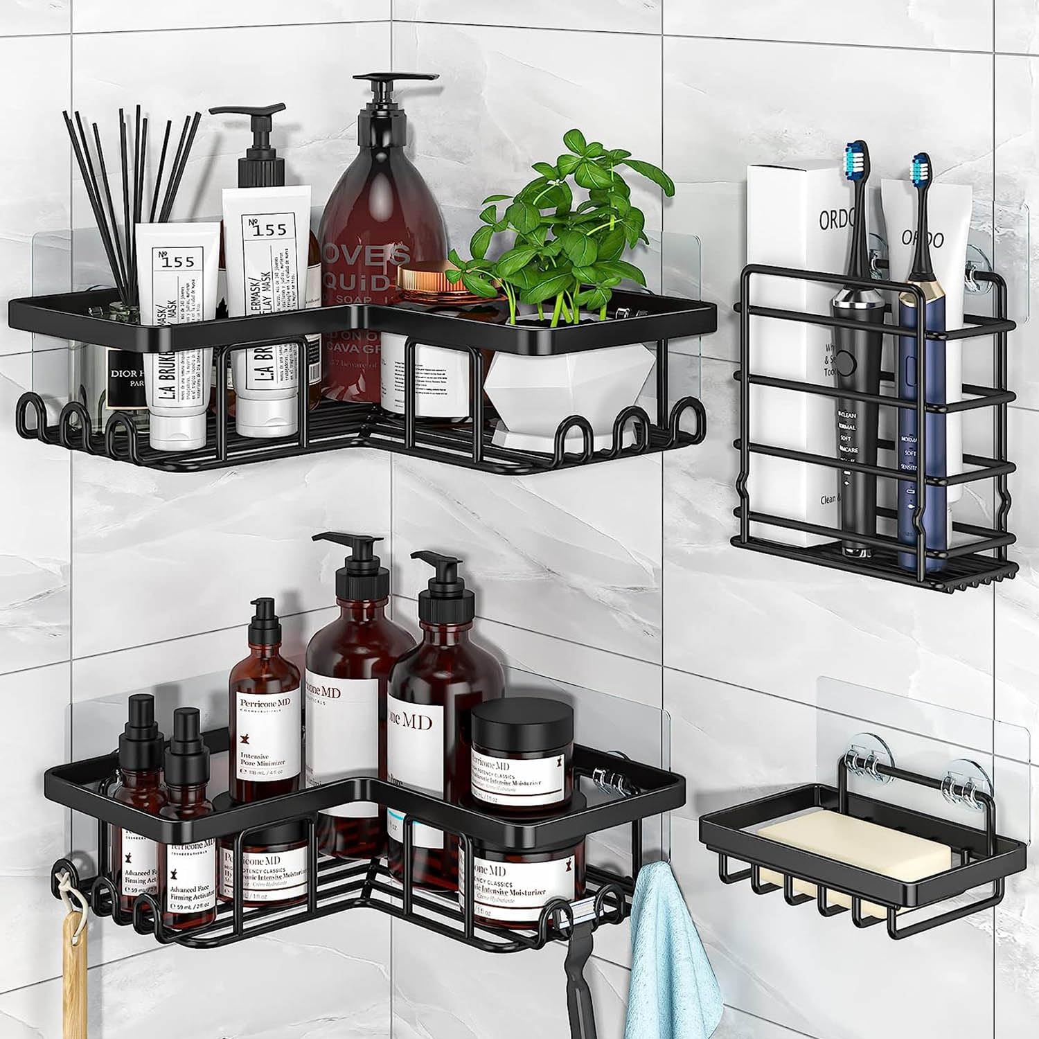 4-Pack Stainless Steel Self-Adhesive Shower Caddy Corner Shelves with Soap Dish Holder - Bathroom Storage Organizer for Shampoo, Conditioner & Body Wash - Perfect for Small Bathrooms, Apartments & Dorm Showers