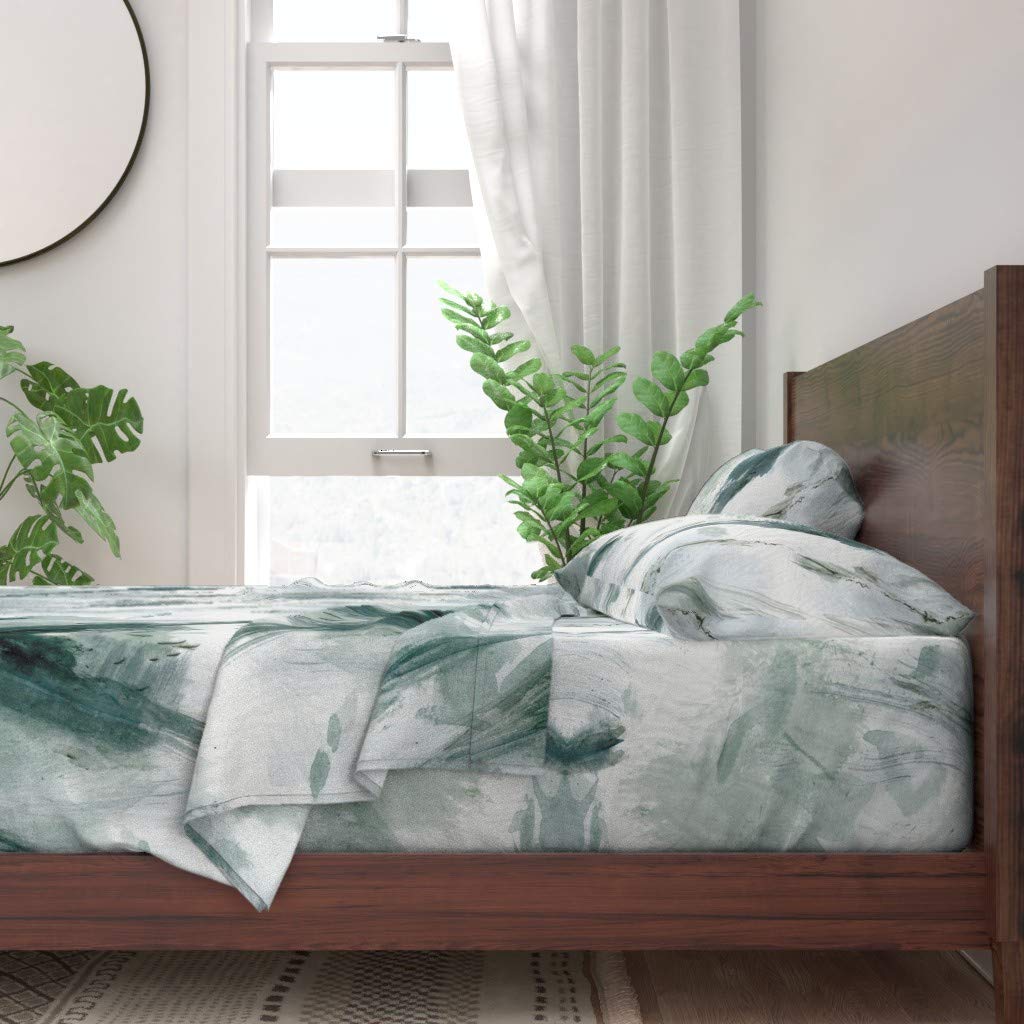 Premium 100% Cotton Twin Sheet Set - 3pc Marble Teal Abstract Watercolor Print | Midcentury Modern Decor for Bedroom, Wedding & Custom Bedding | Soft Breathable Sheets for Home & Guest Room