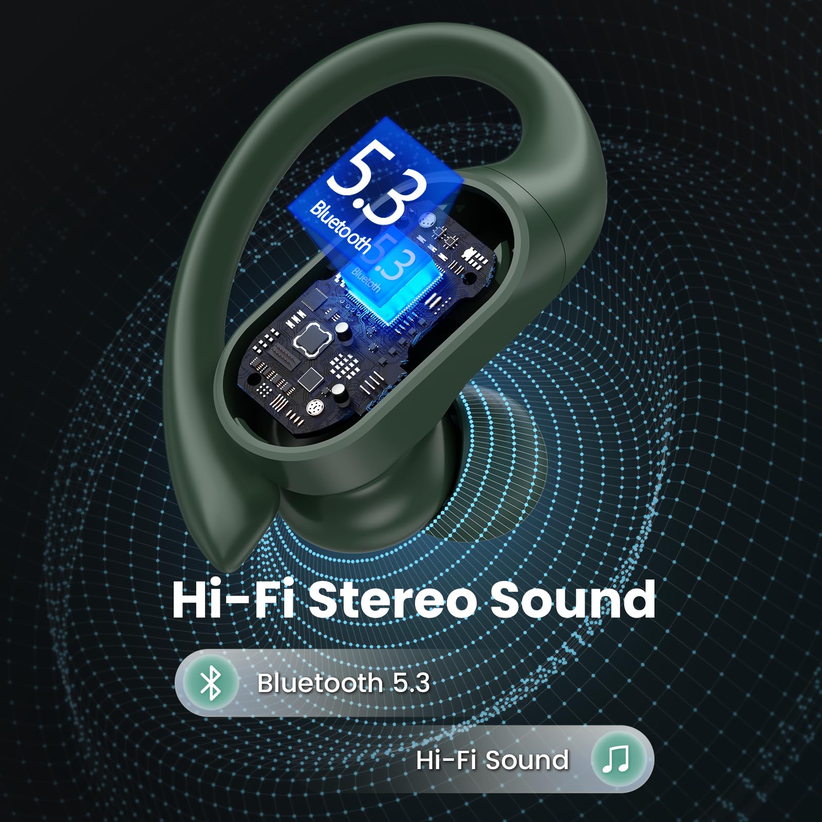 Wireless Bluetooth Earbuds with 90Hrs Playtime, IPX7 Waterproof, Wireless Charging Case & Over-Ear Earhooks - LED Power Display Stereo Headset with Deep Bass in Olive Green | Perfect for Running, Gym Workouts & Outdoor Sports