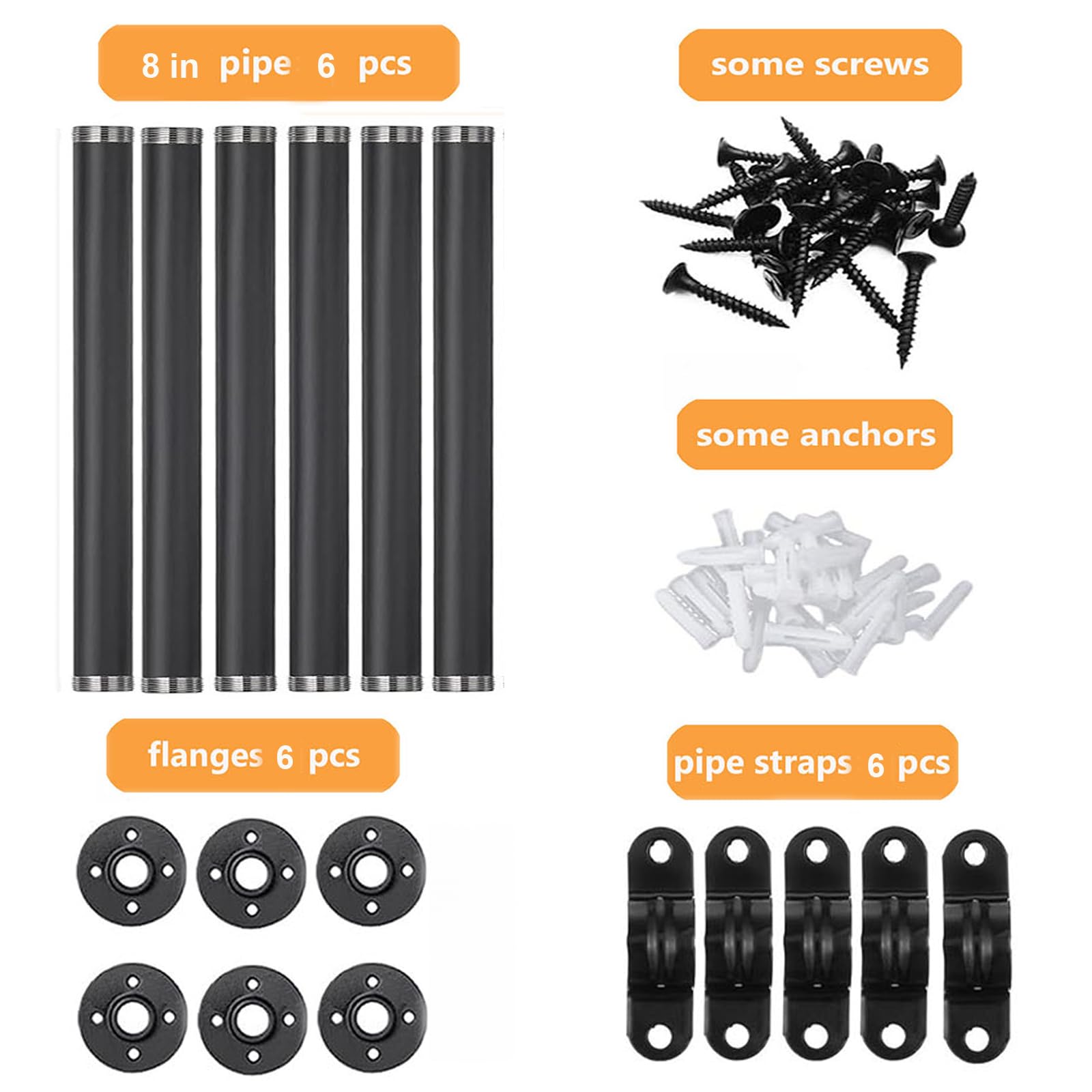 Industrial Black Iron Pipe Shelf Brackets - 8 Inch Set of 6 for DIY Shelving, Wall Mount, Rustic Decor & Garment Rack | Heavy Duty Hardware Included | Perfect for Home Office, Workshop & Farmhouse Style