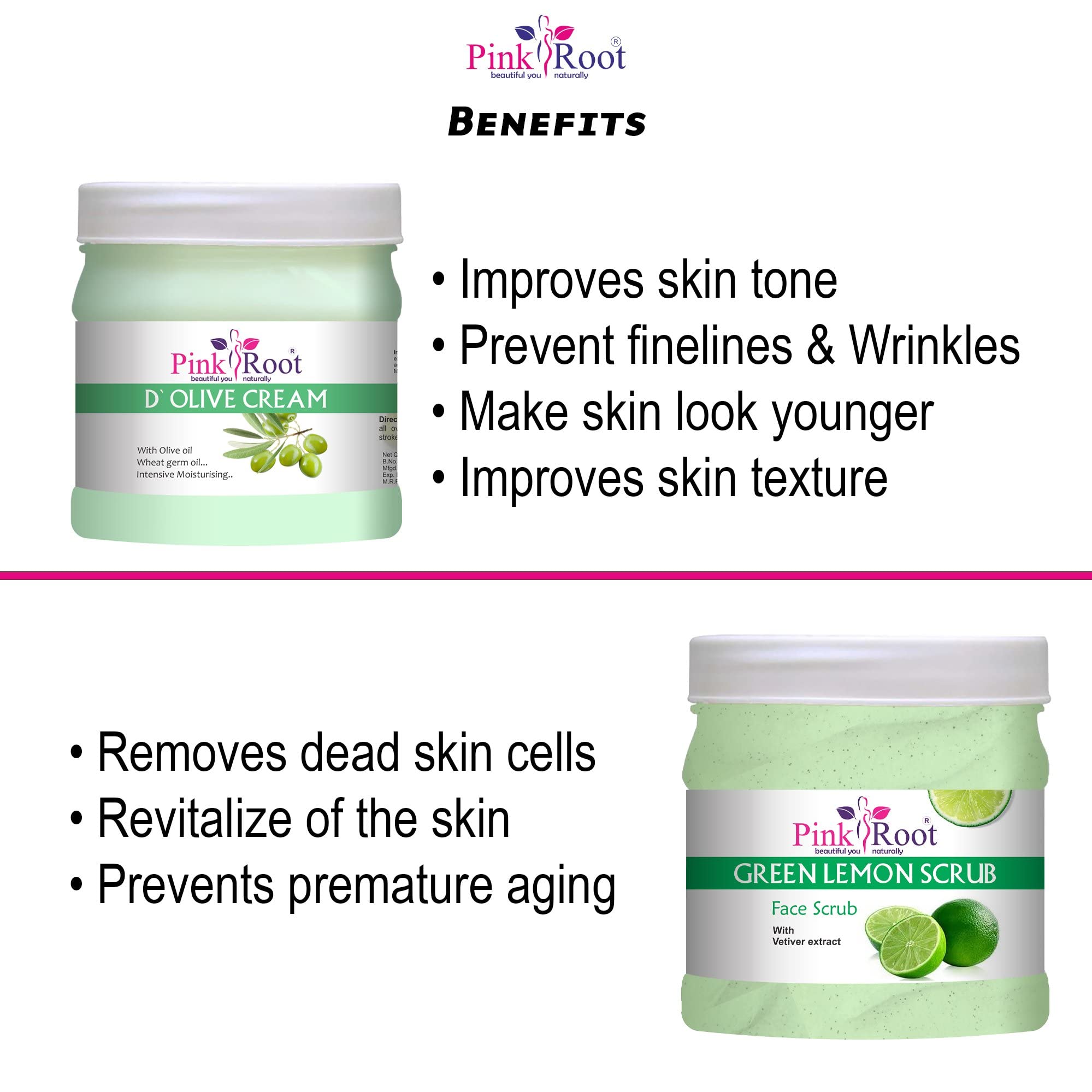 Organic Pink Root D Olive Cream & Green Lemon Scrub Set - 500gm Each - Natural Skin Brightening & Exfoliating Treatment for Face & Body - Perfect for Spa Day & At-Home Skincare Routine