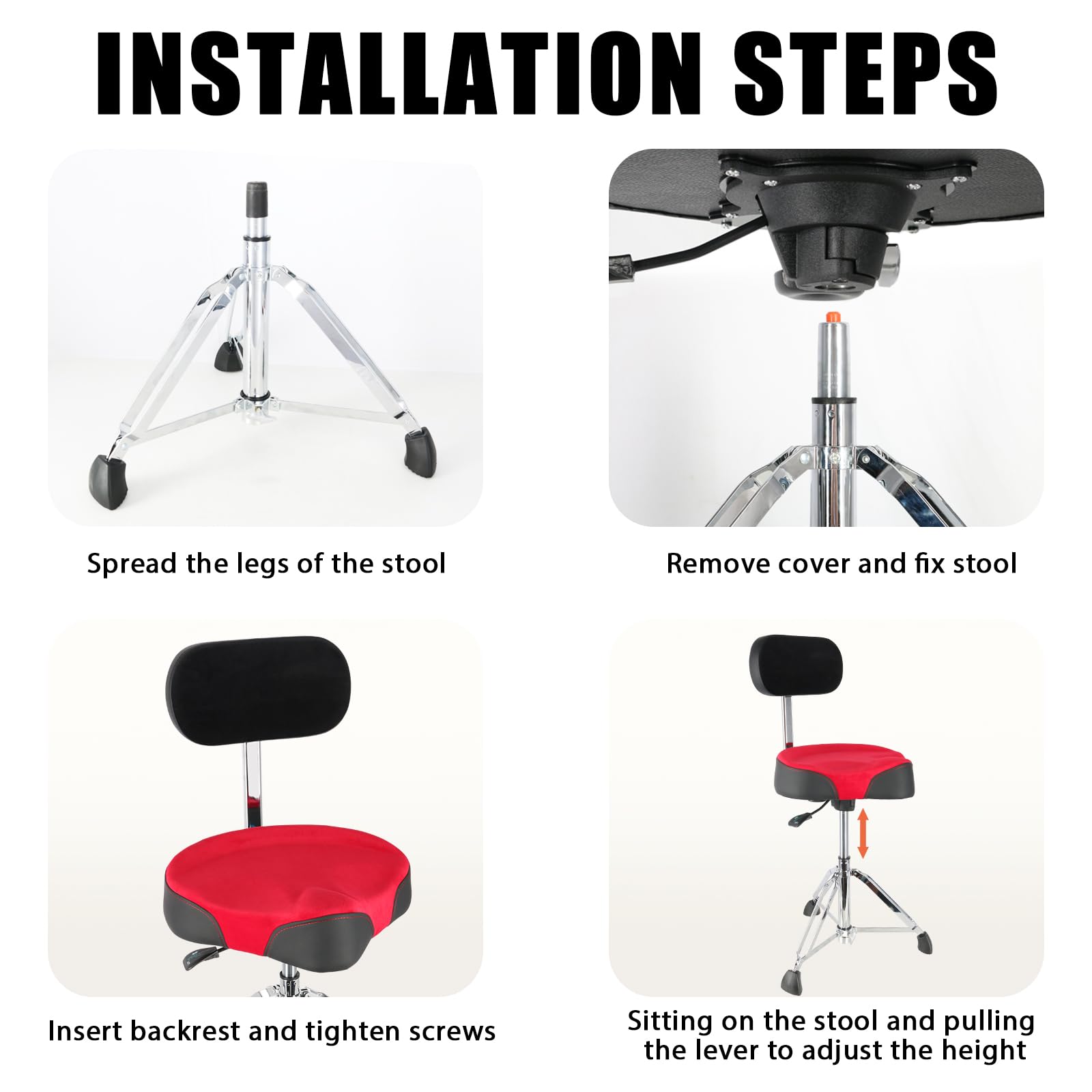 EASTROCK Heavy Duty Adjustable Drum Throne with Backrest - Motorcycle Style Hydraulic Drum Seat for Adult Drummers (Red) - Perfect for Drum Kits, Practice Sessions & Live Performances