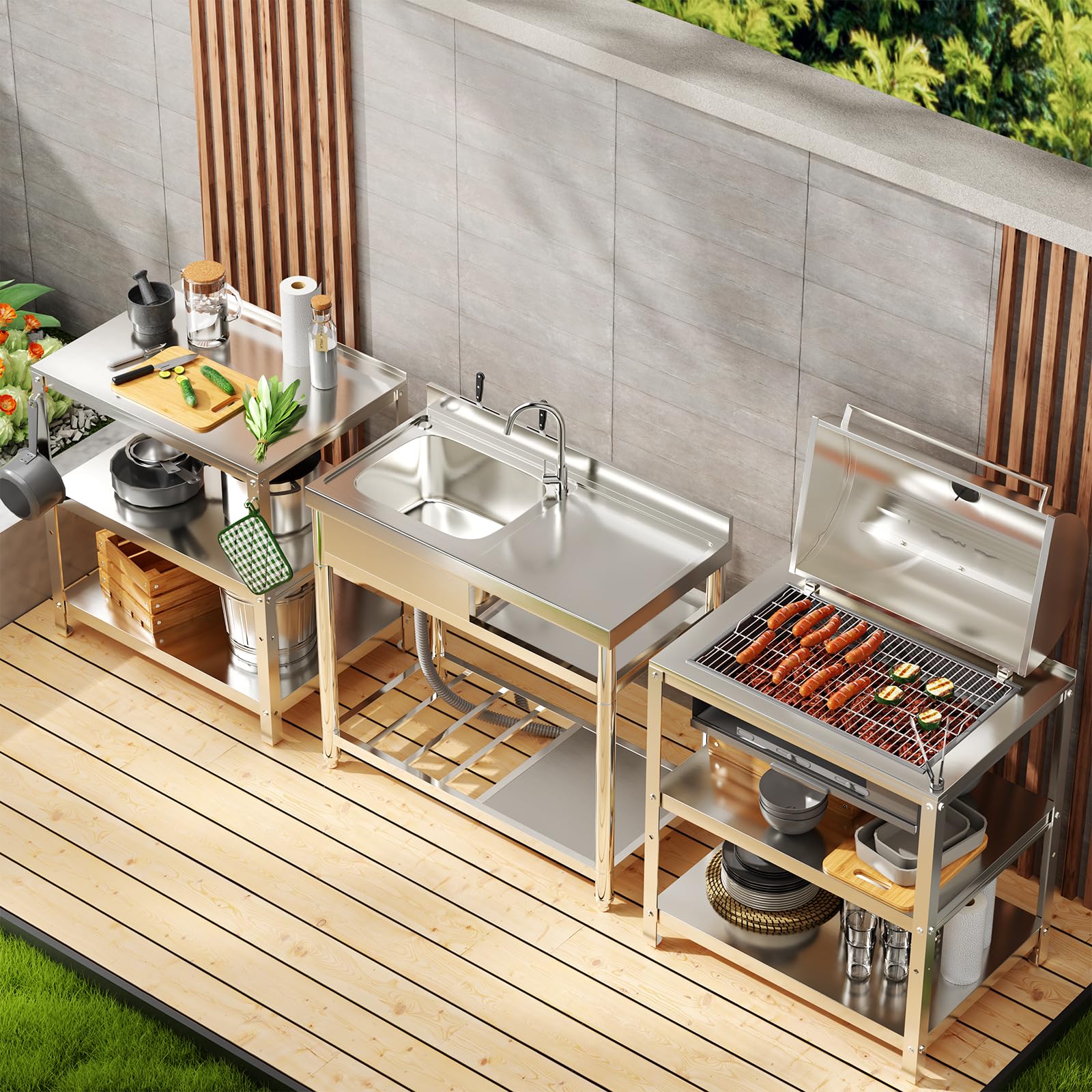 Stainless Steel Commercial Utility Sink with Workbench & Storage Shelf - Free Standing Restaurant Kitchen Sink, Single Bowl Laundry Sink with Hot/Cold Water Pipes - Perfect for Outdoor, Commercial Kitchens & Laundry Rooms