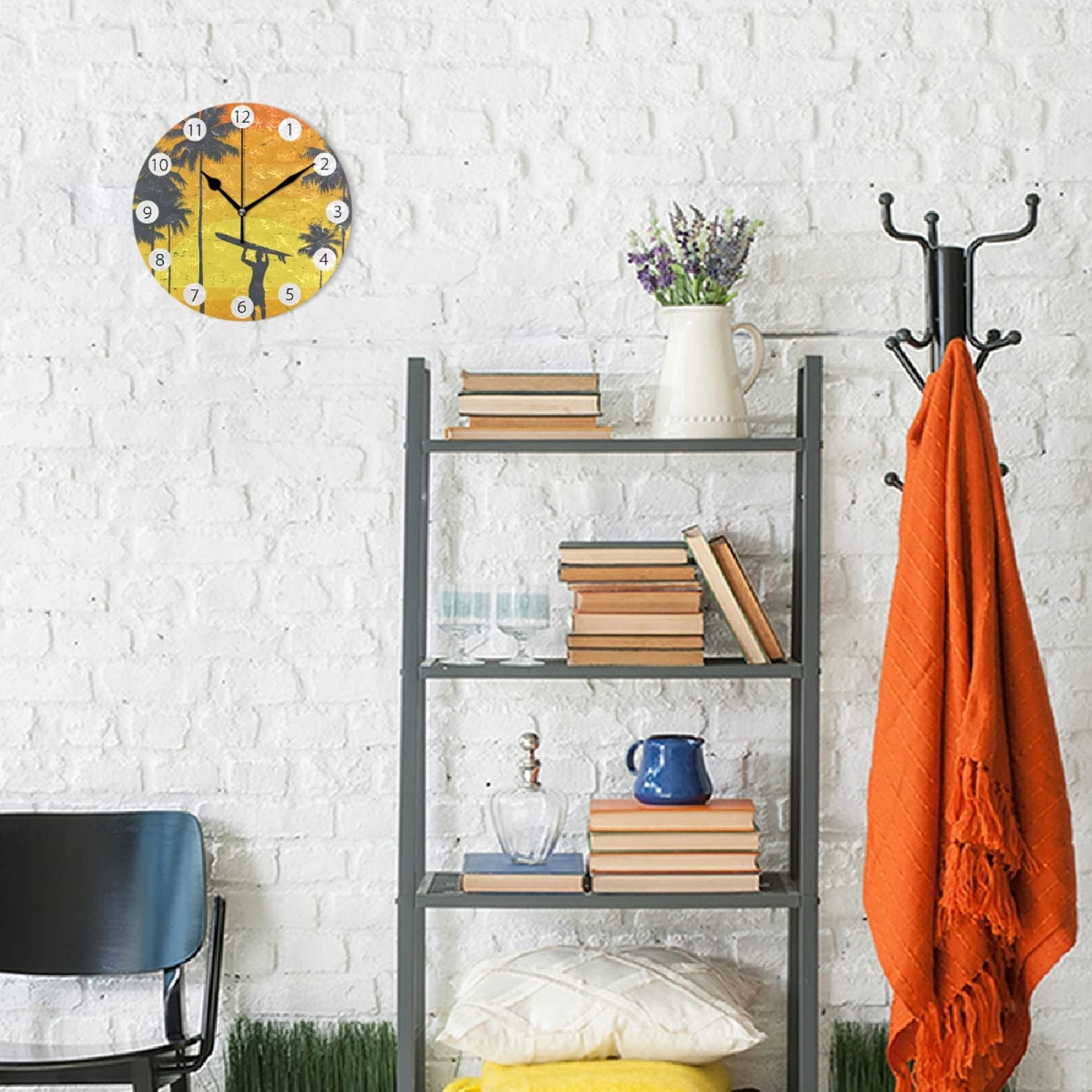 California Beach Surfer Wall Clock - Silent Non-Ticking Round Wall Decor for Kitchen, Living Room & Bedroom | Battery Operated Modern Art Clock for Home & Office