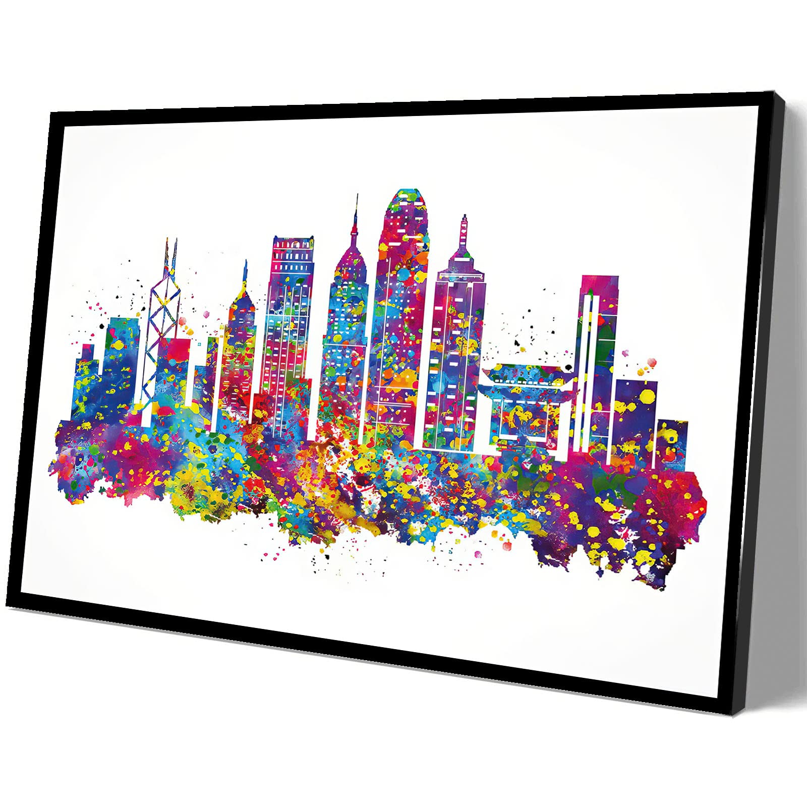 Hong Kong Watercolor Canvas Art Print - 16x24 Inch Framed Wall Decor for Living Room, Bedroom, Office - Chinese Cityscape Housewarming Gift & Home Decoration
