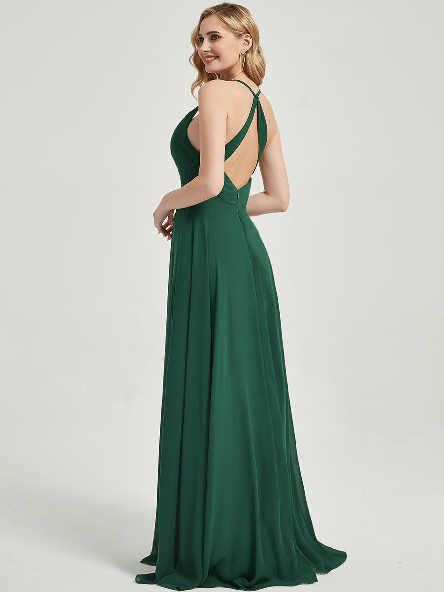 Elegant Burgundy Pleated Halter V-Neck Backless Maxi Chiffon Bridesmaid Dress for Wedding Party & Formal Events