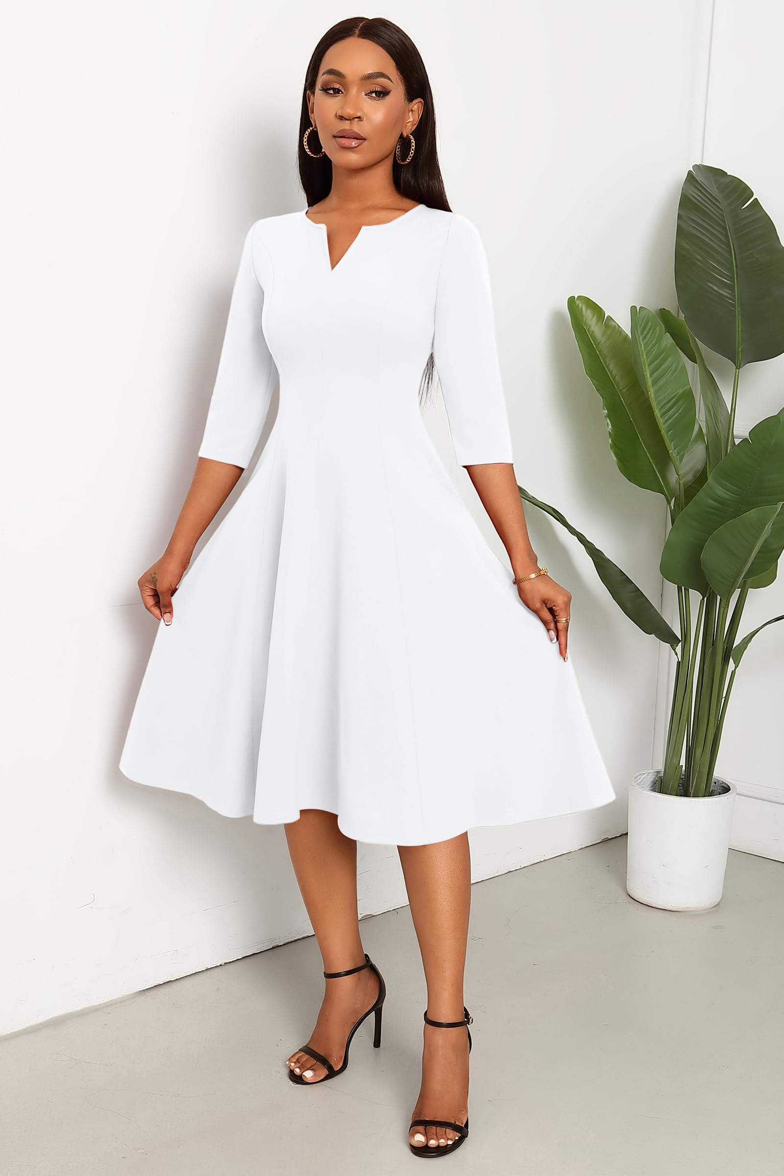 Stylish Nmoder Midi Dresses for Women - A-Line Fit & Flare Cocktail Dress with 3/4 Sleeves & V-Neck | Perfect for Wedding Guest, Office Work & Special Occasions | Features Convenient Pockets