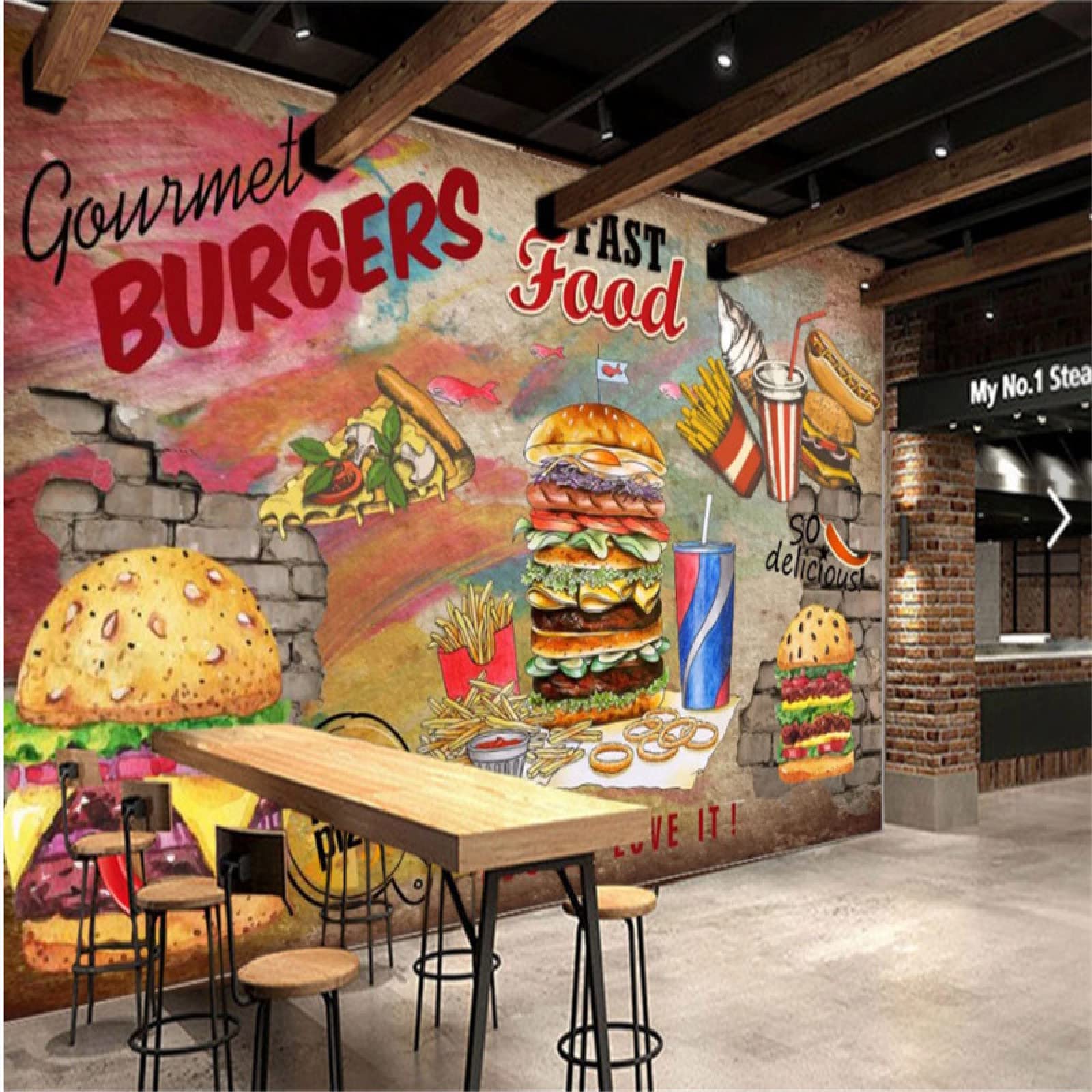 78x78 Inches Canvas Wall Art - Fast Food Graffiti Industrial Decor for Restaurants, Snack Bars & Home Dining Rooms | 3D Hamburgers Fries Glue Design Wallpaper