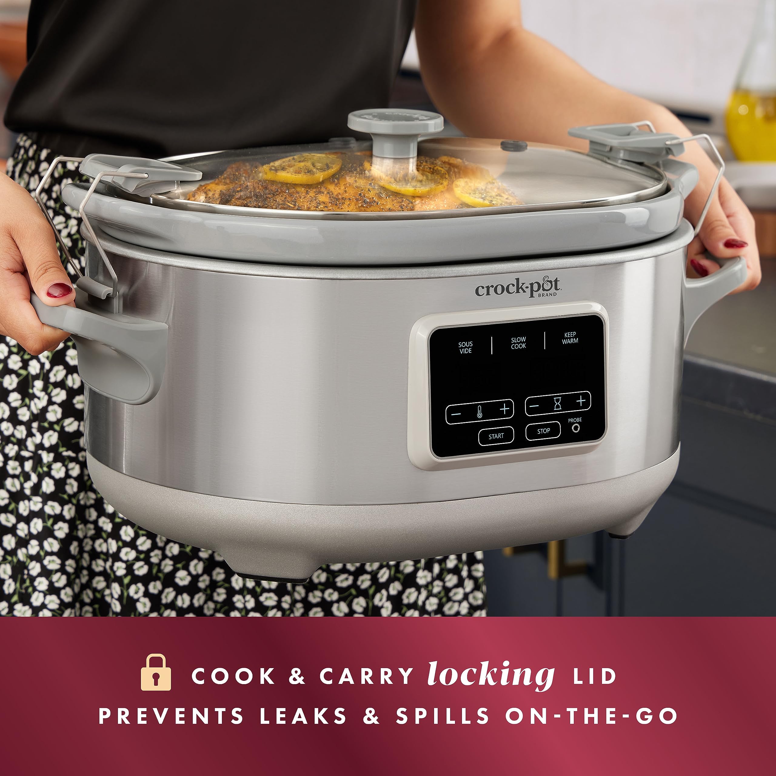 Crockpot® 7-Quart Programmable Slow Cooker with Sous Vide & Carry Lock - Stainless Steel - Perfect for Family Dinners, Meal Prep & Sous Vide Cooking