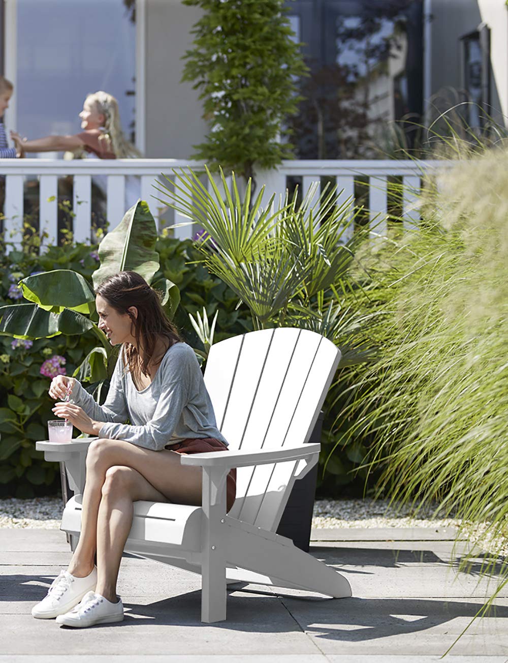 Keter Alpine Adirondack Resin Outdoor Patio Chairs with Cup Holder - Weather-Resistant White Plastic Furniture for Beach, Poolside, Fire Pit & Garden Seating - Perfect for Backyard, Deck & Outdoor Relaxation