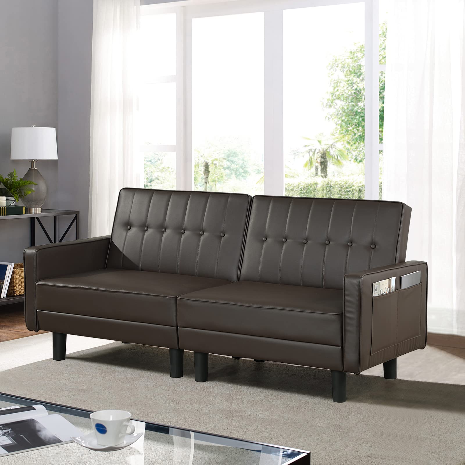 Convertible Futon Sofa Bed with Adjustable Backrest - Small Space Loveseat Couch in Faux Leather - Sleeper Sofa for Home, Office & Hotel - Includes Side Pockets (Brown) - Perfect for Studio Apartments, Guest Rooms & Compact Living Spaces