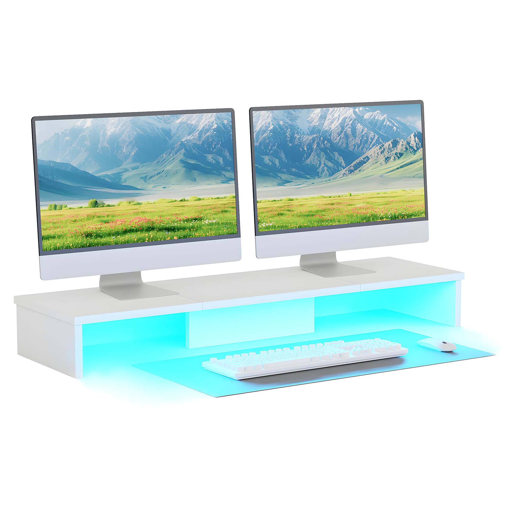 Dual Monitor Stand with LED Lights - Adjustable Large Desk Riser for 2 Computer Monitors, Laptop & TV - Space Saving Desktop Organizer for Home Office, Gaming Setup & Workstation (White)