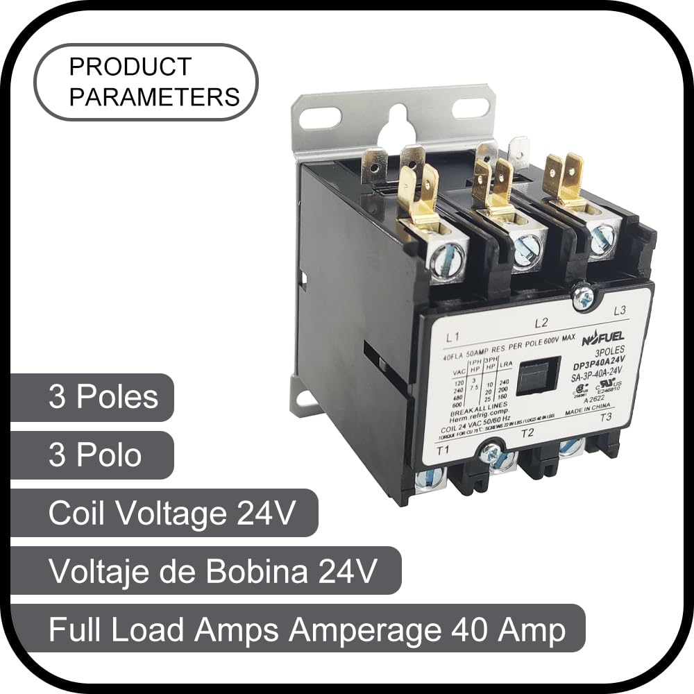 40 Amp 3 Pole AC Contactor 24VAC Coil - Heavy Duty Air Conditioner Compressor Contactor for HVAC Systems | Ideal for Condenser Units, Commercial ACs & Refrigeration Equipment