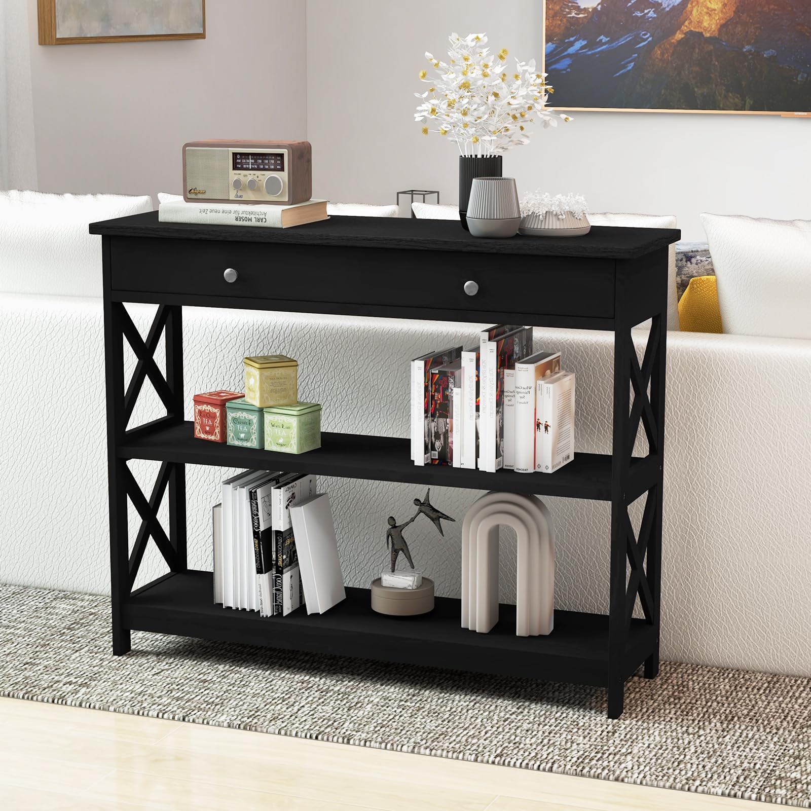 GOFLAME 3-Tier Sofa Table with Large Drawer & Open Shelves - Modern Narrow Wooden Console Table for Entryway, Living Room & Hallway - Perfect for Small Space Organization & Home Decor (Black)