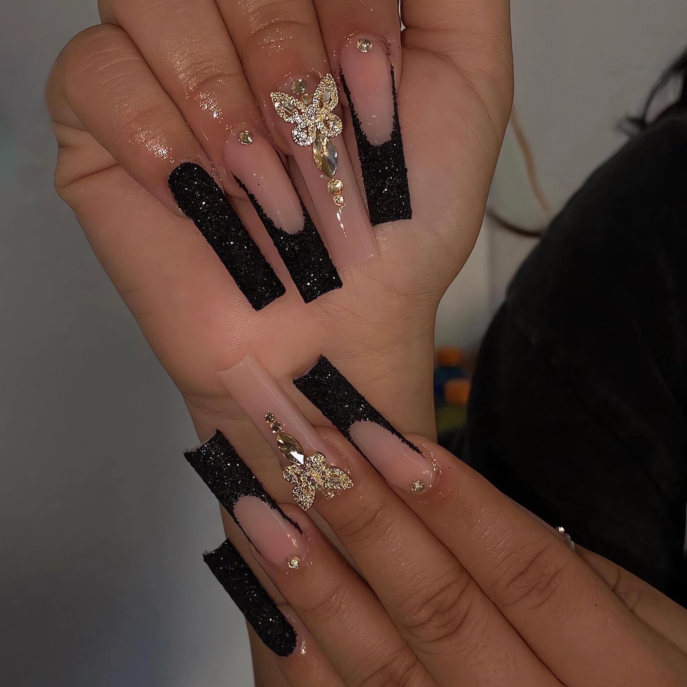 IMSOHOT Extra Long Coffin Press on Nails - Black Glitter French Tips with Golden Butterfly Rhinestone Designs | 24PCS Full Cover Ballerina Acrylic False Nails for Women | Perfect for Parties, Weddings & Special Occasions