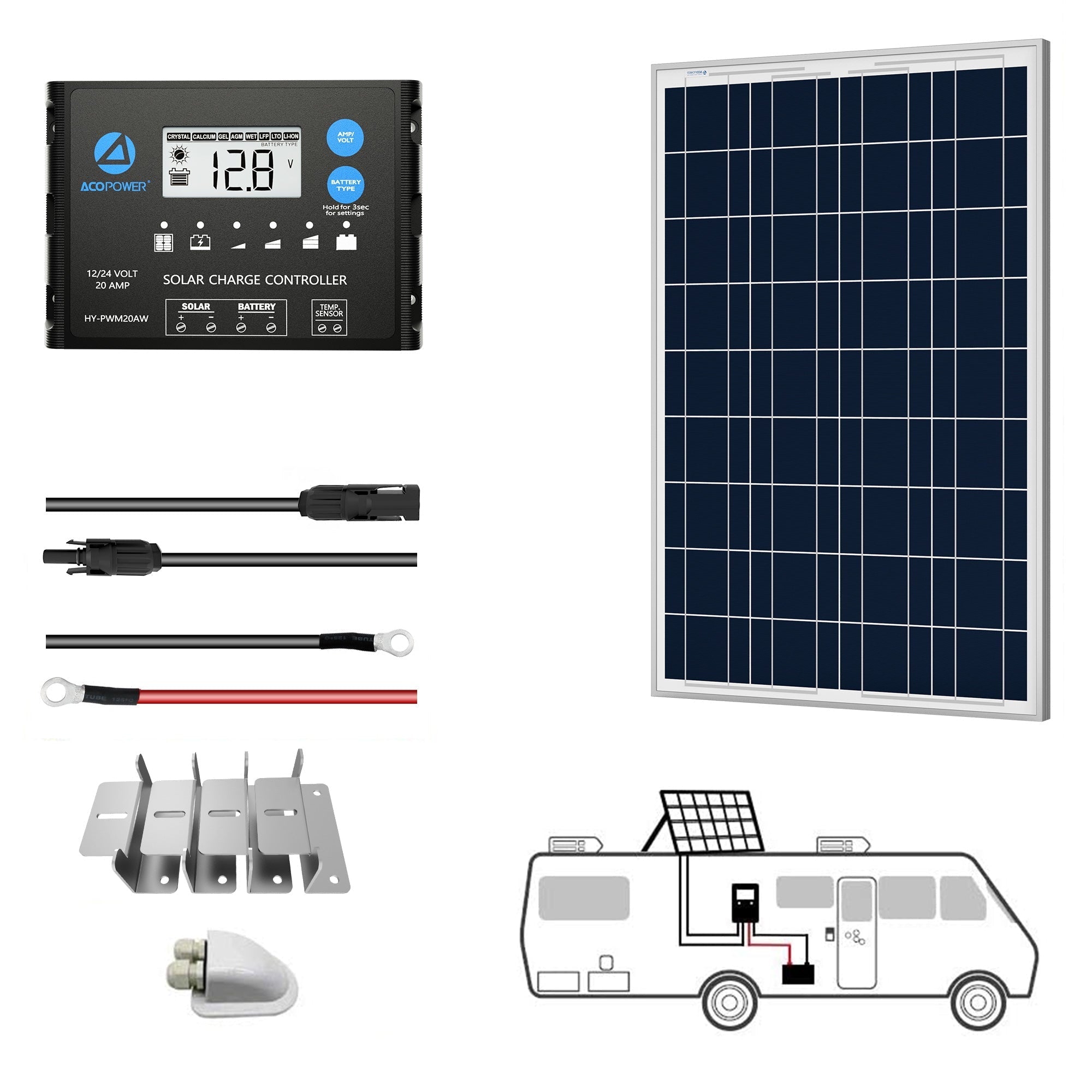ACOPOWER 12V Polycrystalline Solar Panel Kit for RV with MPPT/PWM Charge Controller - Off-Grid Power for Camping, Boating & Outdoor Adventures