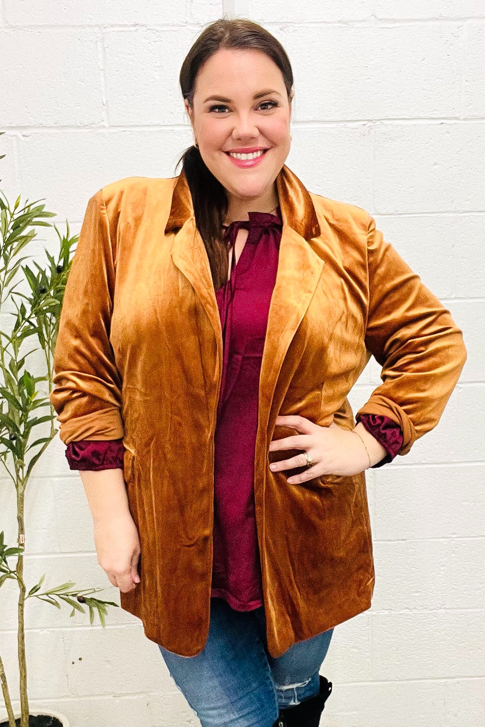 Stylish Rust Velvet Blazer with Lapel - Elegant Holiday Party Outfit for Women | Perfect for Christmas, Weddings & Special Occasions