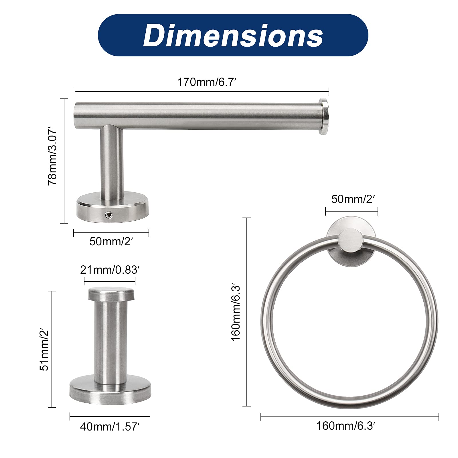 NearMoon 4-Piece Bathroom Hardware Set - Brushed Nickel Stainless Steel Wall Mounted Towel Ring, Toilet Paper Holder & 2 Robe Hooks | Complete Bath Accessories for Modern Home & Luxury Hotel Style Bathrooms