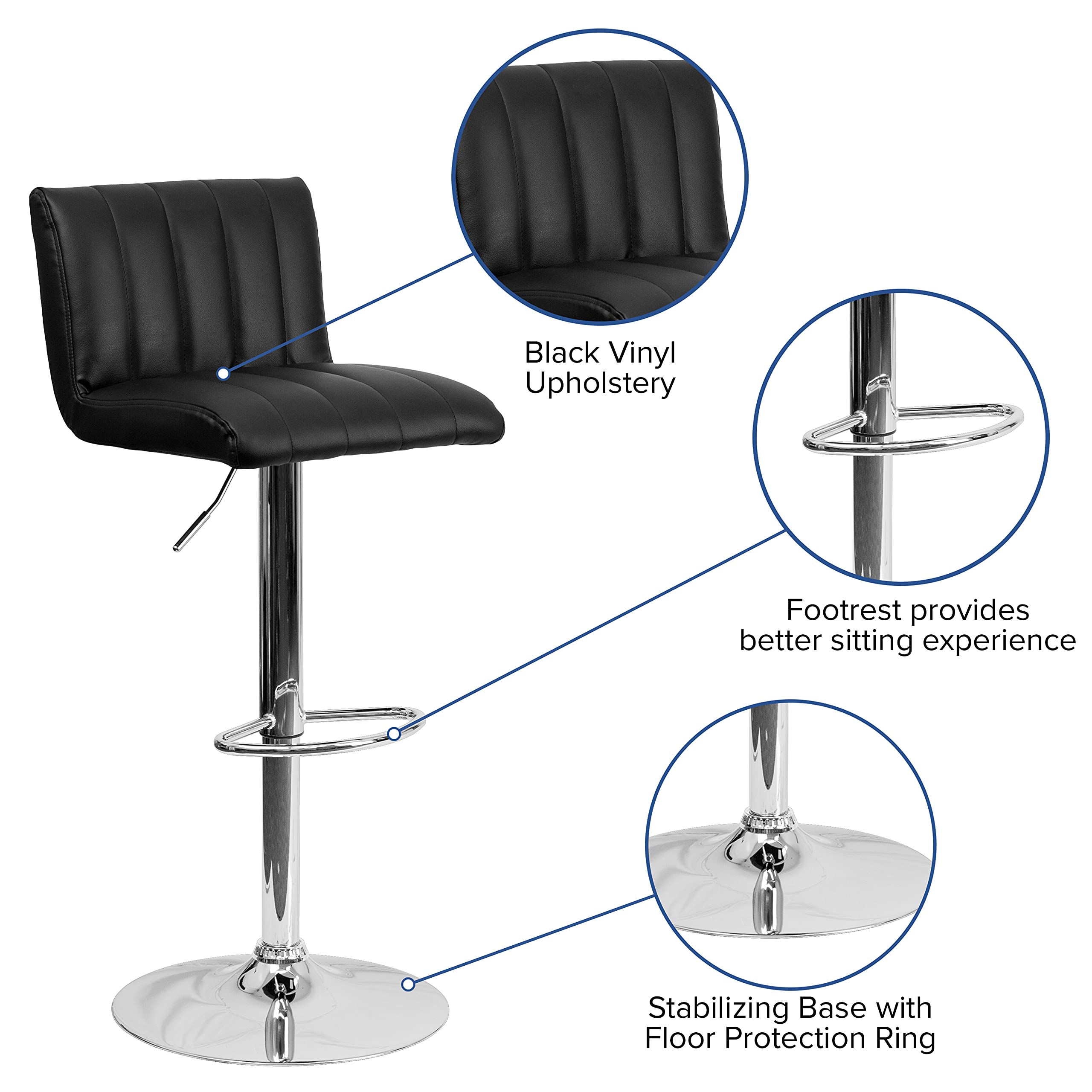 EMMA & OLIVER Black Vinyl Adjustable Height Bar Stool with Vertical Stitch Back - Modern Kitchen Island & Counter Height Stools for Dining, Bar, or Home Decor