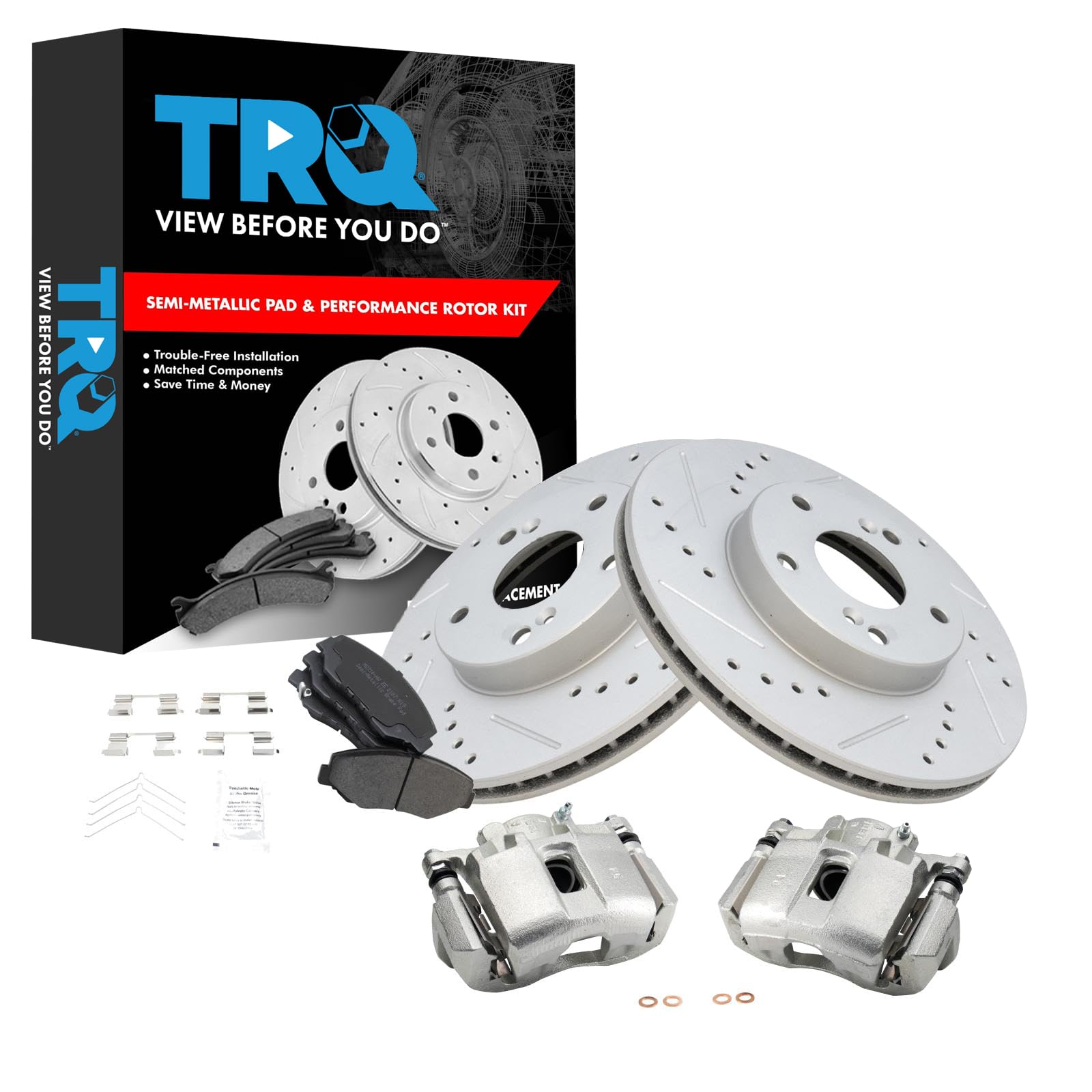 TRQ Front Performance Brake Pad & Rotor Kit - Semi-Metallic Vented G-Coated - Compatible with 2003-2004 Honda Accord - Includes Calipers, Pads & Rotors - Perfect for Daily Driving & Performance Upgrades