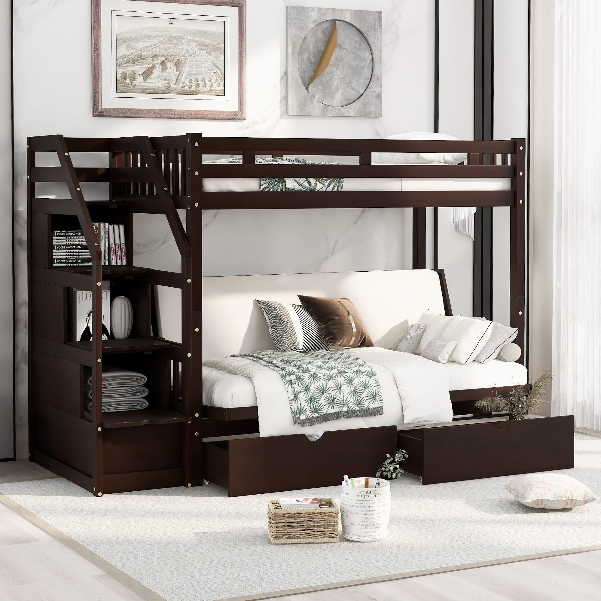 Merax Twin Over Full Bunk Bed with Staircase & Storage Drawers - Convertible to Daybed, Espresso Finish - Perfect for Kids' Bedroom, Guest Room & Space-Saving Solutions
