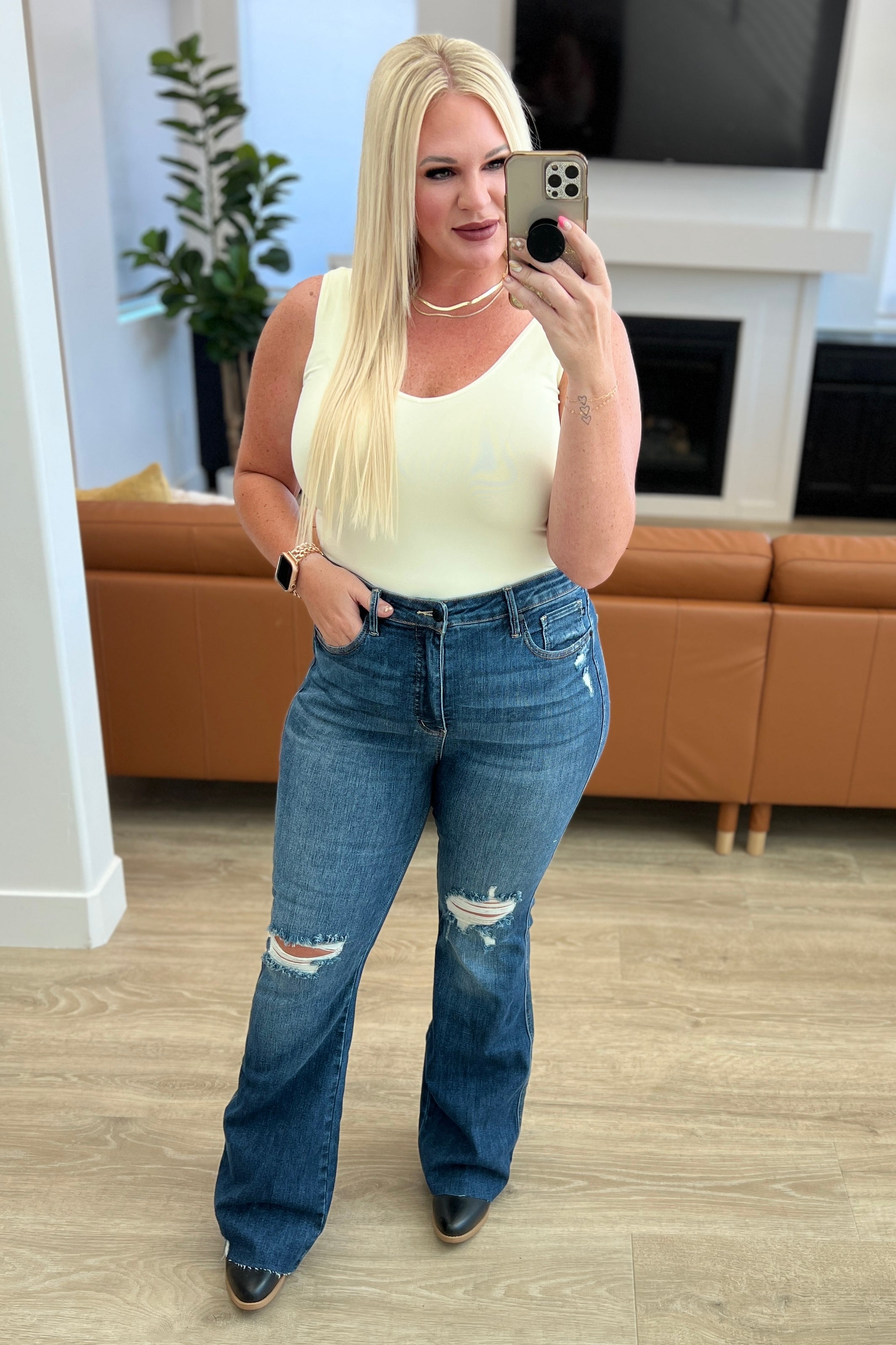 Cassandra High Rise Control Top Distressed Flare Jeans for Women - Vintage Stretch Denim Pants with Tummy Control | Perfect for Casual Outfits, Date Nights & Boho Style