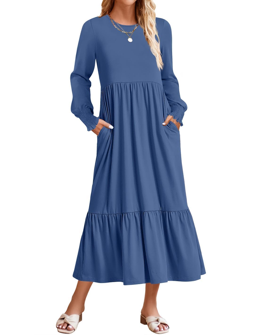 ZESICA Women's Spring Long Sleeve Crewneck Dress 2025 - Casual Loose Pleated Tiered Swing Midi Dress with Pockets | Perfect for Office, Brunch & Spring Outings