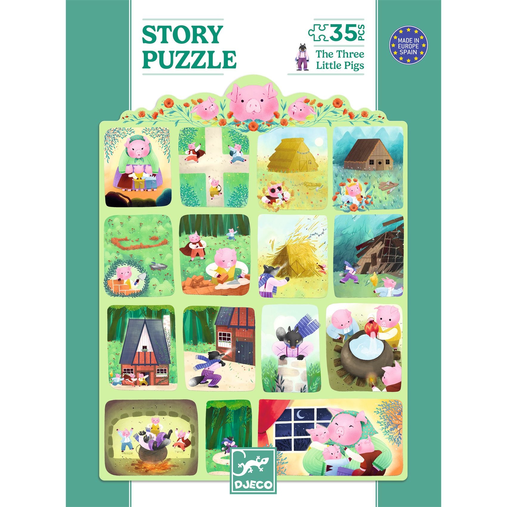 Djeco Three Little Pigs 35-Piece Story Puzzle for Kids | Educational Wooden Jigsaw Toy | Perfect for Preschool Learning & Family Game Night