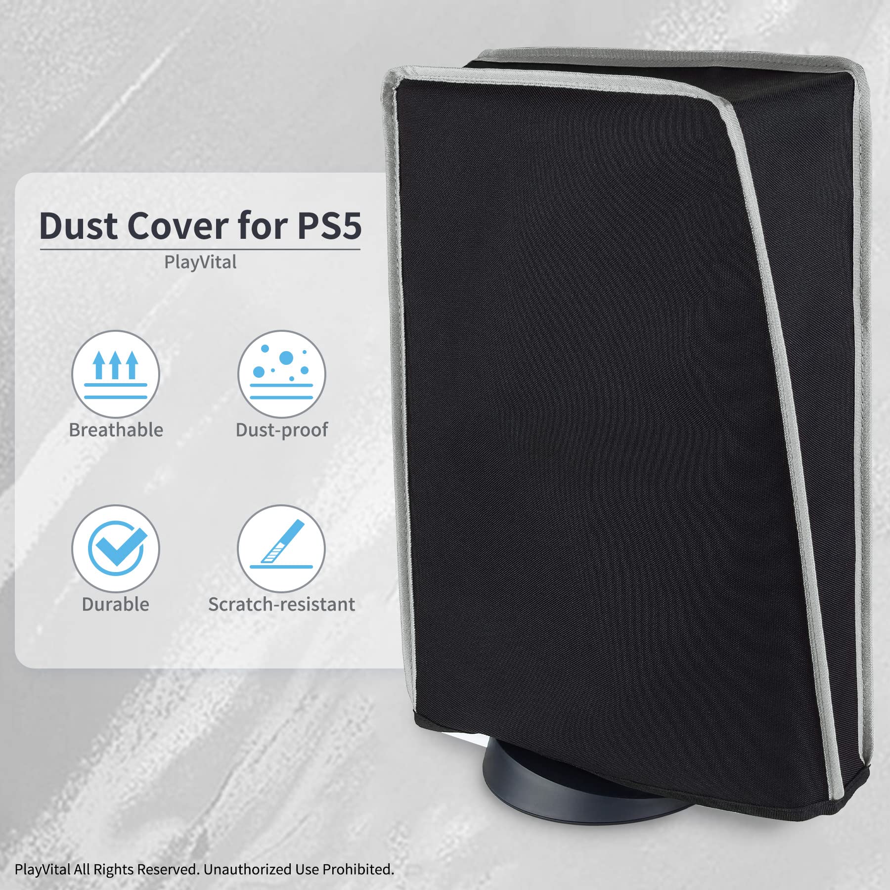 PlayVital Black Nylon PS5 Dust Cover with Soft Lining - Scratch-Resistant Waterproof Protective Sleeve for PS5 Console (Digital & Disc Edition) - Light Gray Trim - Perfect for Home Entertainment & Gaming Setups