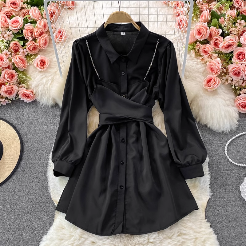 Korean Style Autumn Long Sleeve Shirt Dress for Women - Fashionable Loose Fit Tunic Top with Belt - Perfect for Office, Dating & Fall Outfits